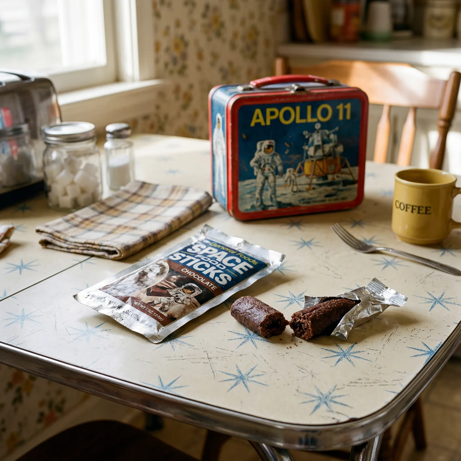 1970s kitchen table with Space Food Sticks in their original packaging, one stick unwrapped and broken in half, a child'