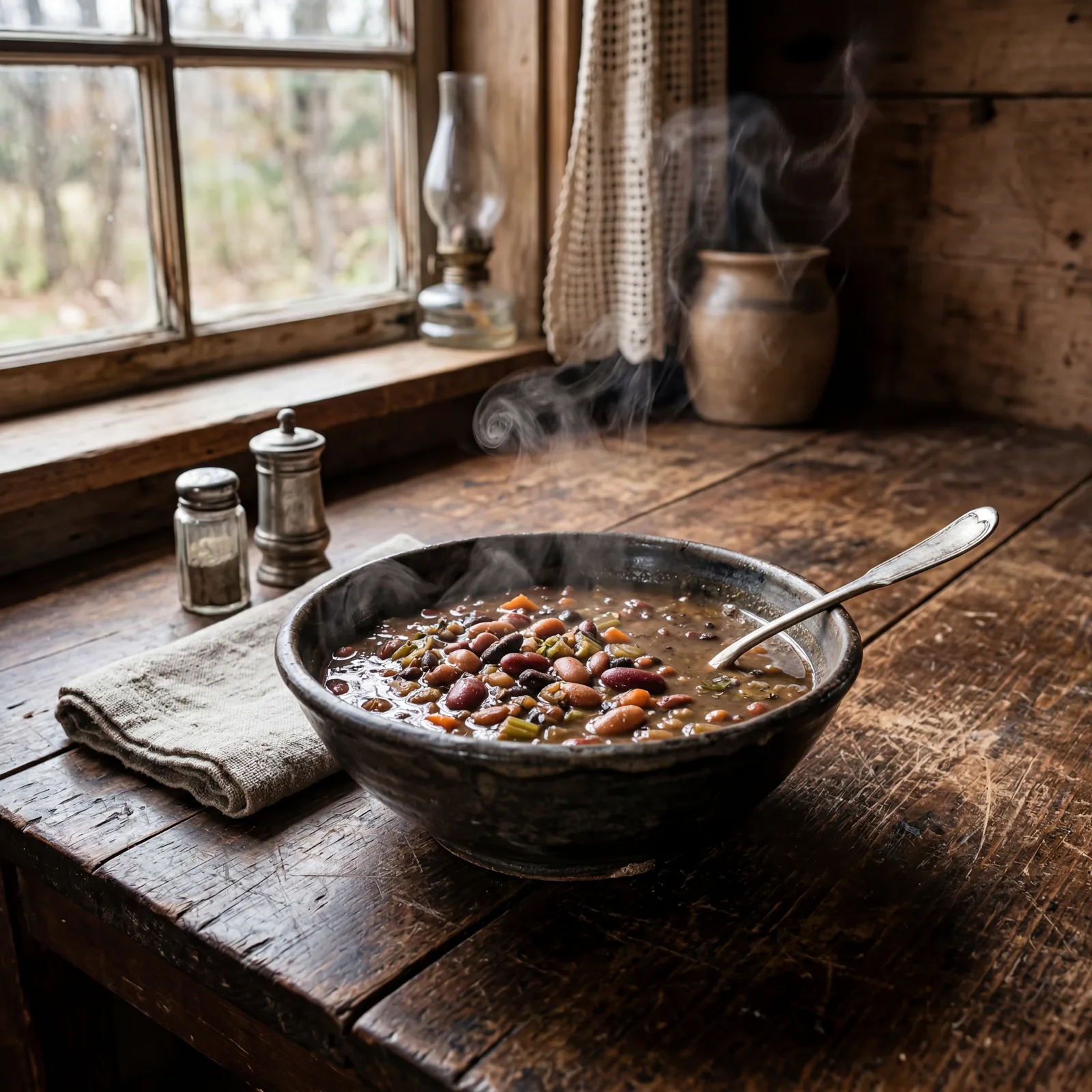 A rustic bowl of thick bean soup on a worn Depression-era kitchen table, mixed beans visible, steam rising, simple setti