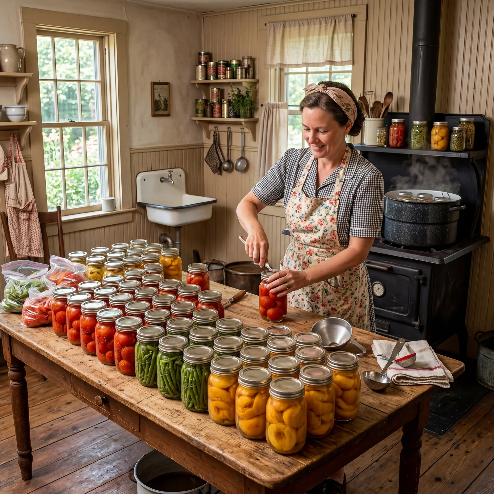 1930s American farmhouse kitchen, rows of mason jars filled with tomatoes, beans, and peaches on a long wooden table, a 
