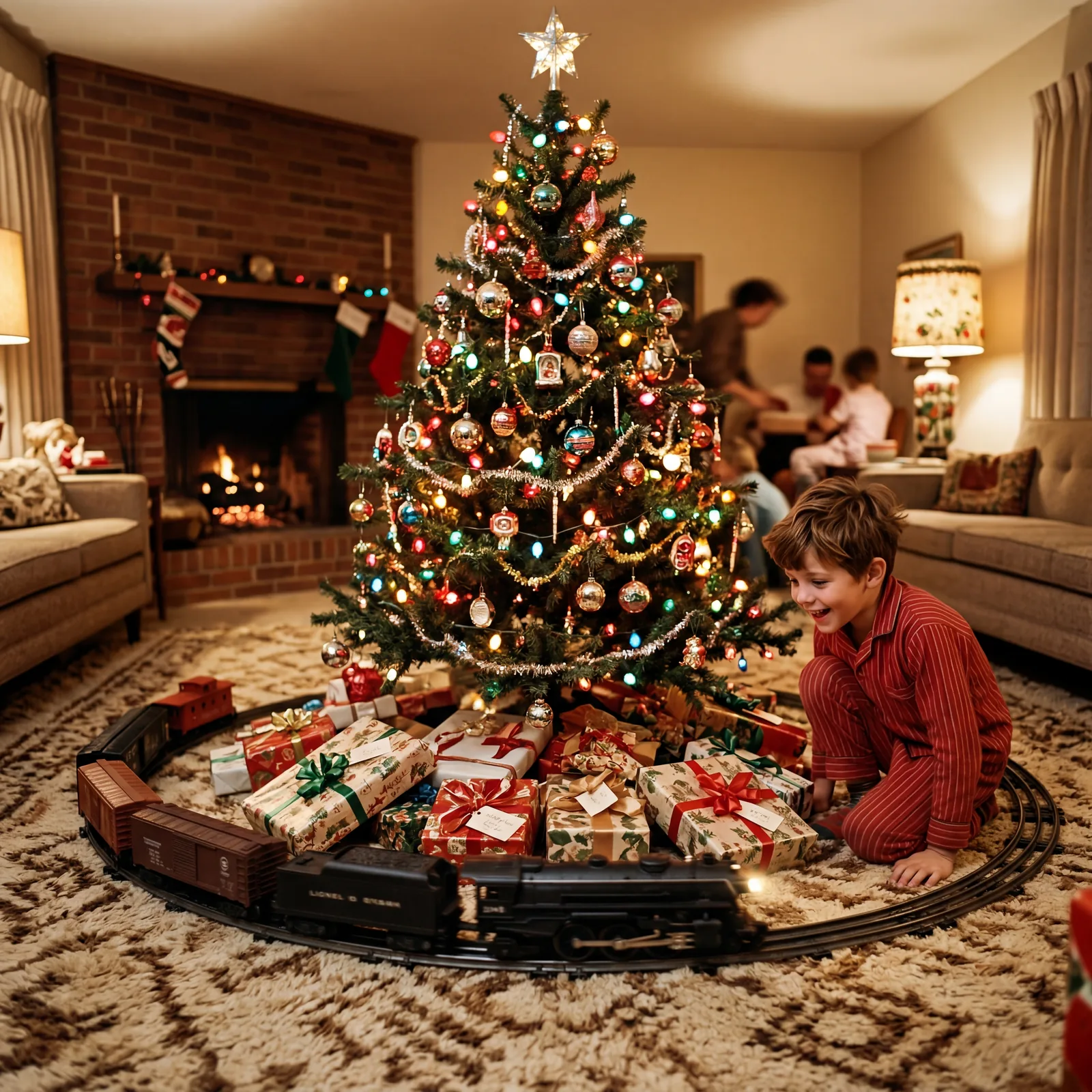 1960s living room floor with a Lionel electric train set running under the Christmas tree, presents surrounding the trac
