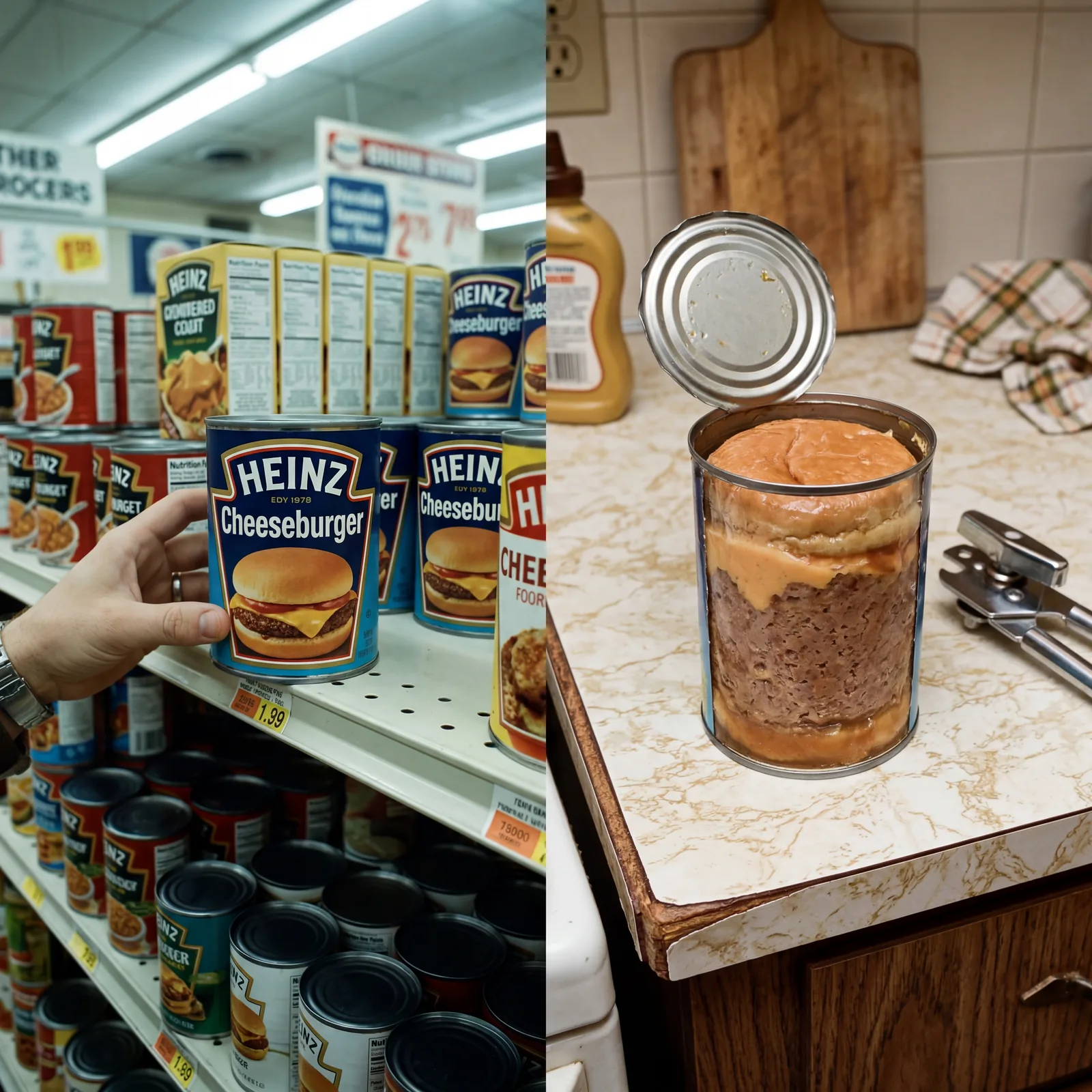 Vintage Heinz Cheeseburger in a Can product on a 1970s grocery store shelf, a can opened on a kitchen counter showing th
