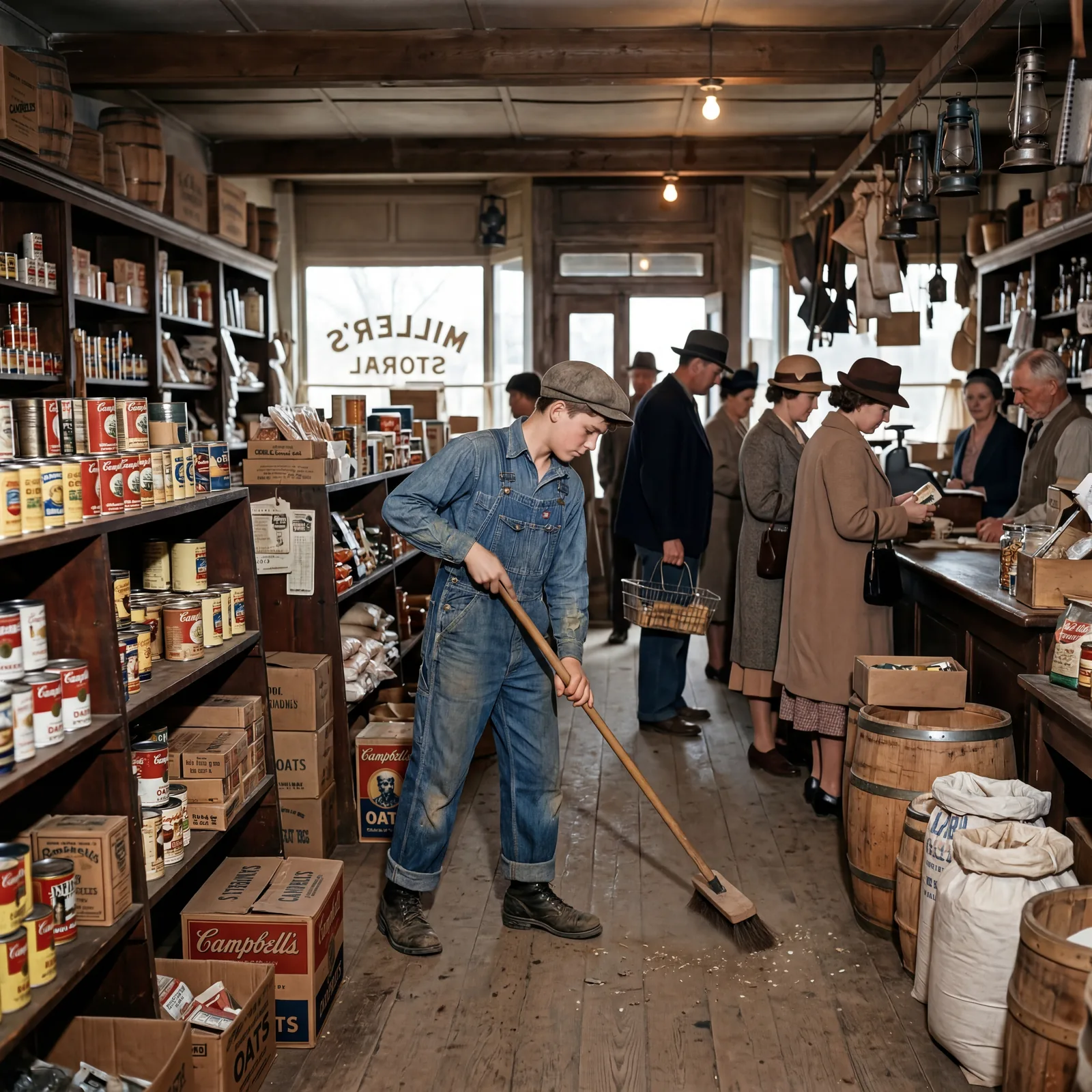 1930s Depression-era general store, a teenage boy stacking shelves or sweeping a floor, adult customers in background
