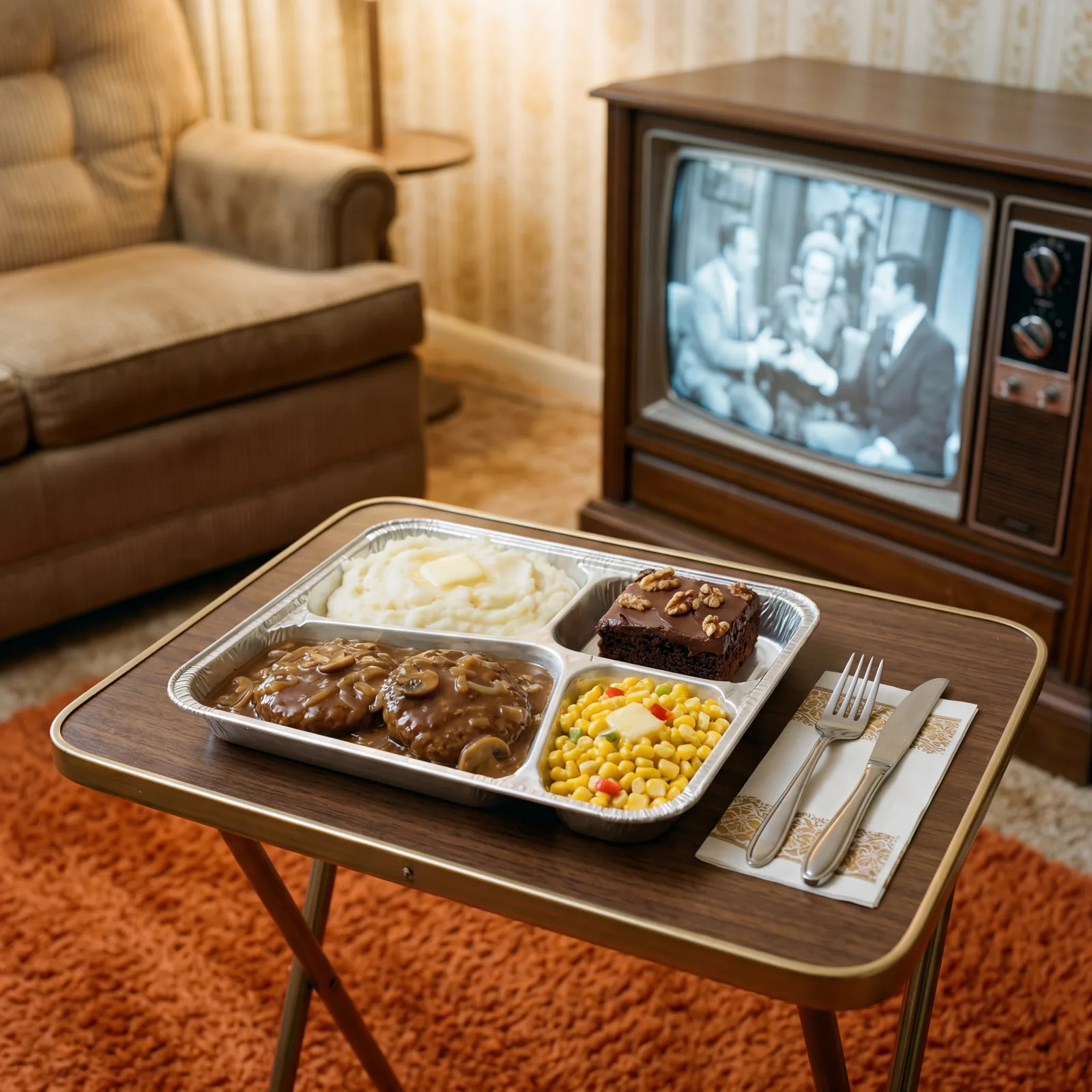 1970s Hungry-Man TV dinner tray fully unwrapped, compartments with mashed potatoes, Salisbury steak, corn and brownie, o