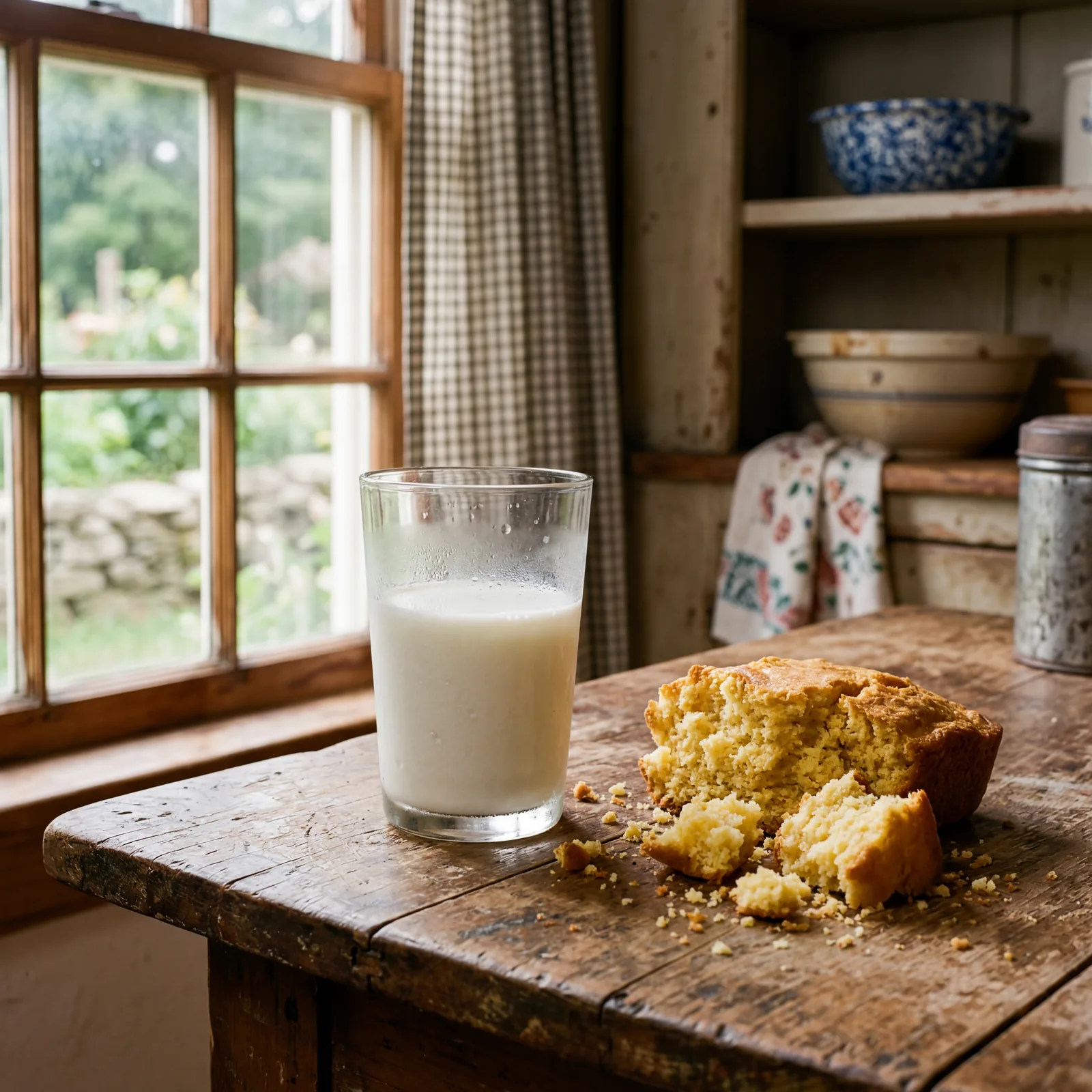 A glass of cold milk beside a crumbled piece of golden cornbread on a 1940s farmhouse kitchen table, late afternoon ligh