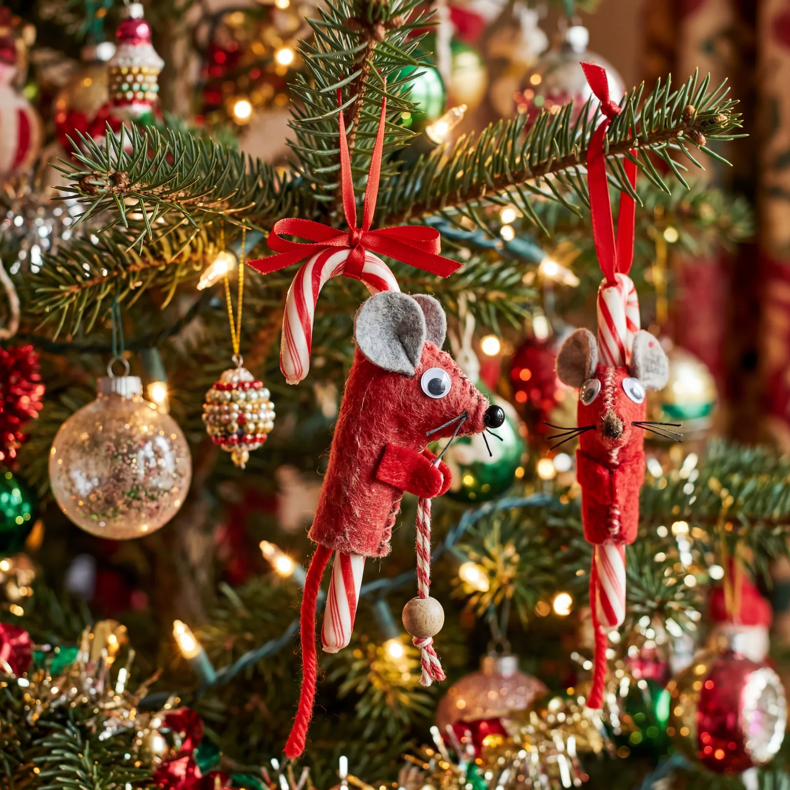 Close-up of vintage handmade candy cane mice decorations on a Christmas tree branch, felt ears, googly eyes, red ribbon,