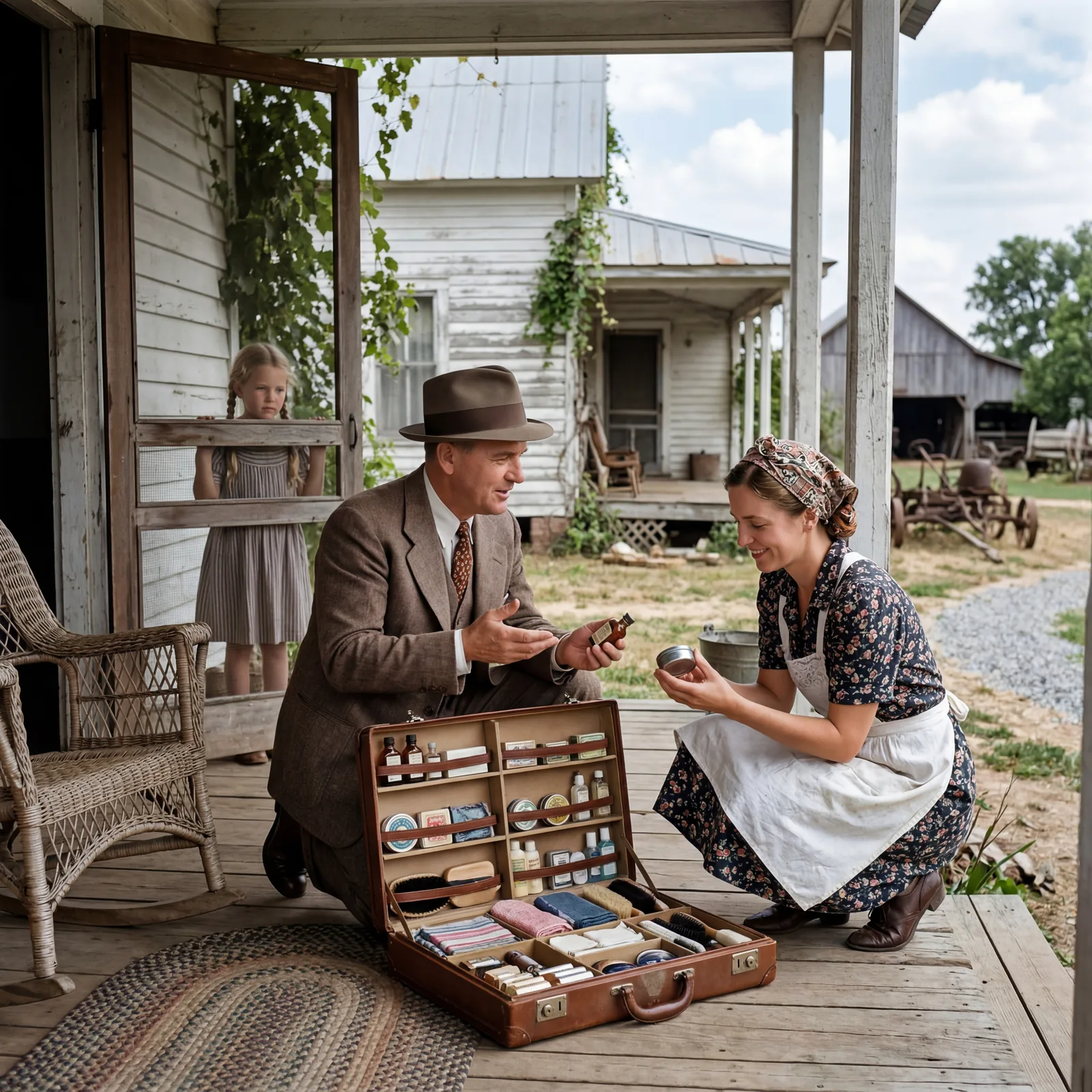 1930s farmhouse front porch, a well-dressed traveling salesman with a large case open showing products, a farm wife exam
