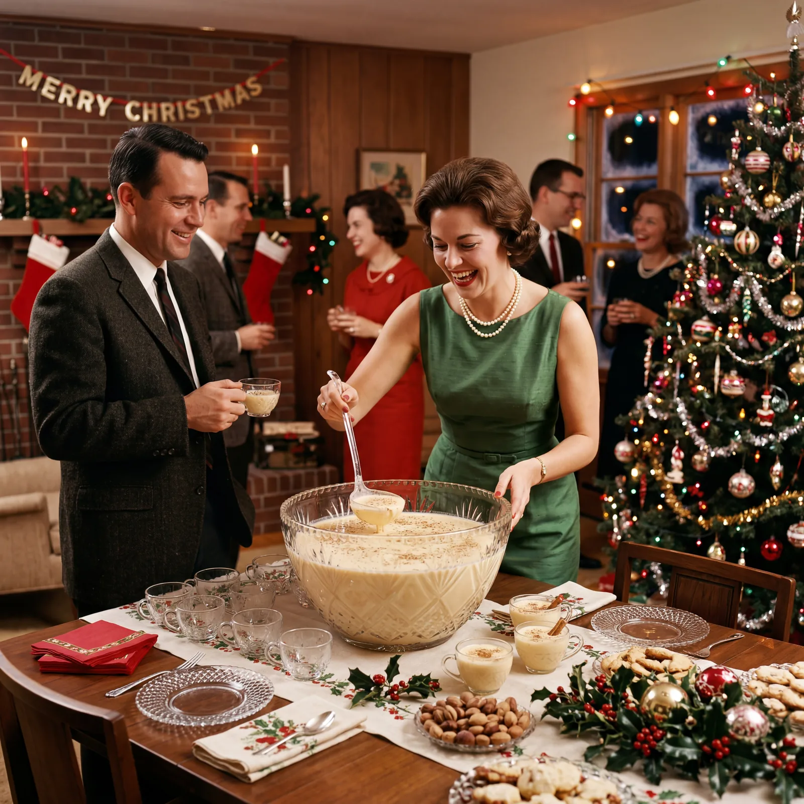 1960s holiday party, glass punch bowl filled with eggnog on a table, ladle, punch cups, Christmas decorations in backgro