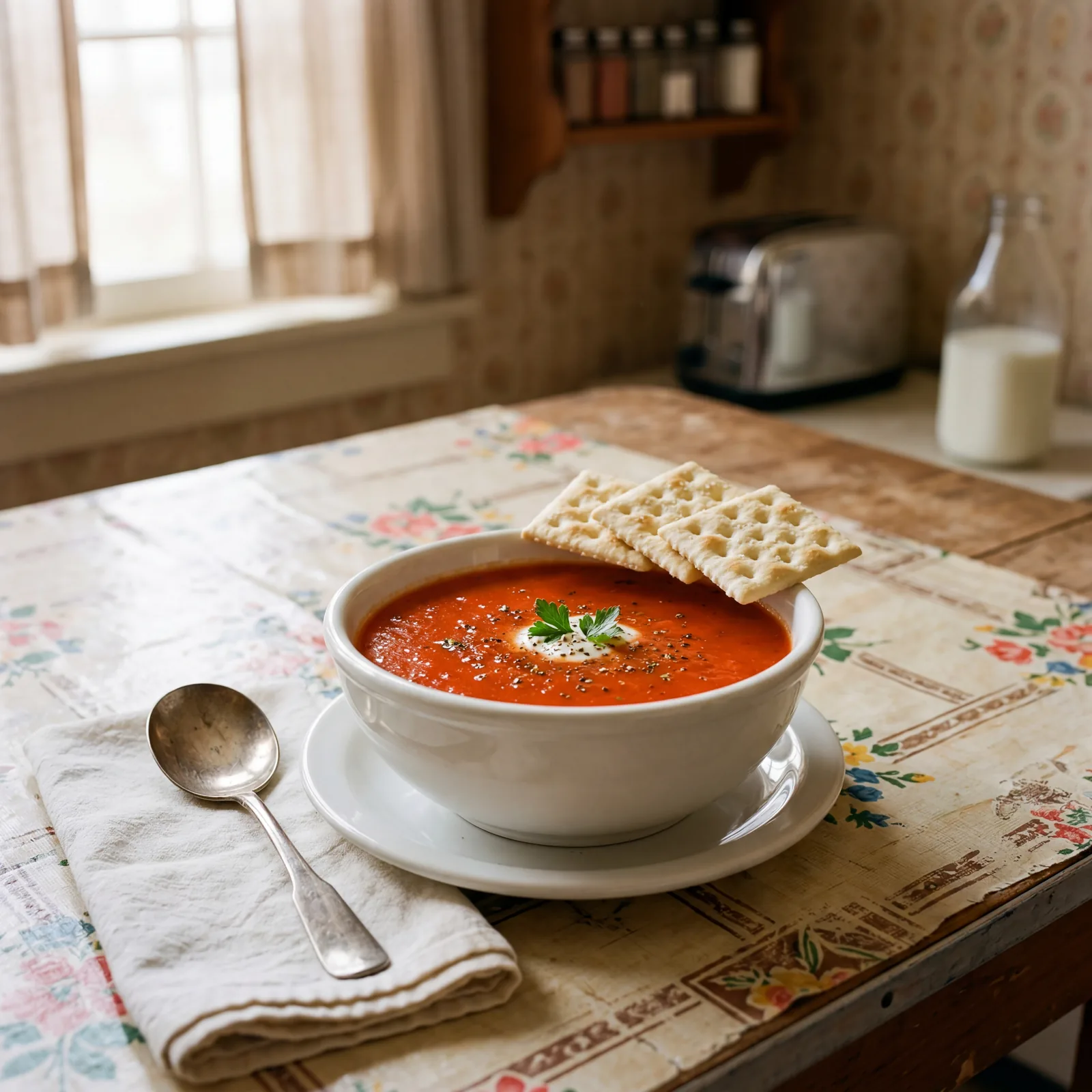 A bowl of bright red tomato soup with saltine crackers on the rim, simple 1940s kitchen table setting, white bowl, warm 