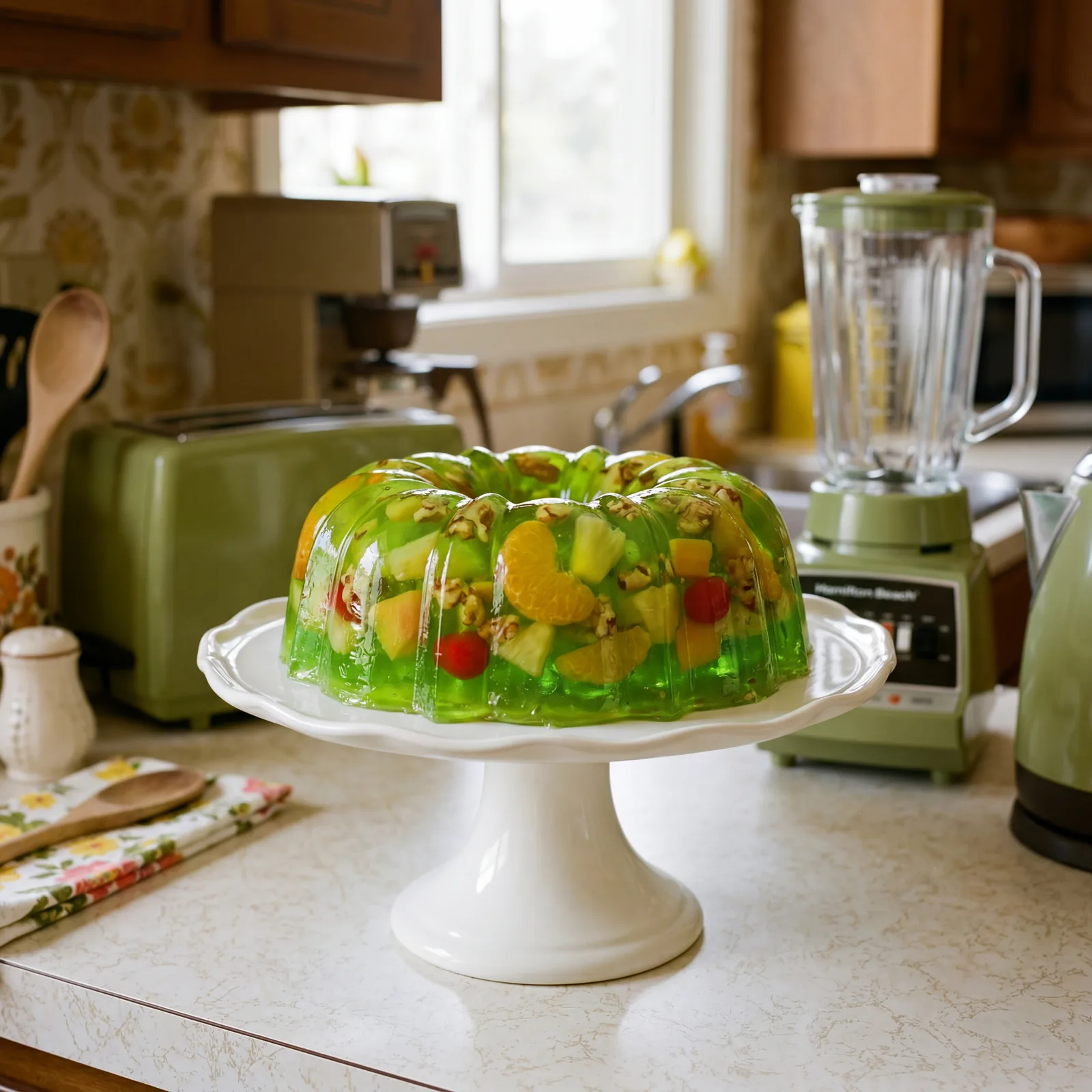 Vintage 1970s Jell-O mold on a white cake stand, lime green gelatin with fruit chunks suspended inside, kitchen counter 