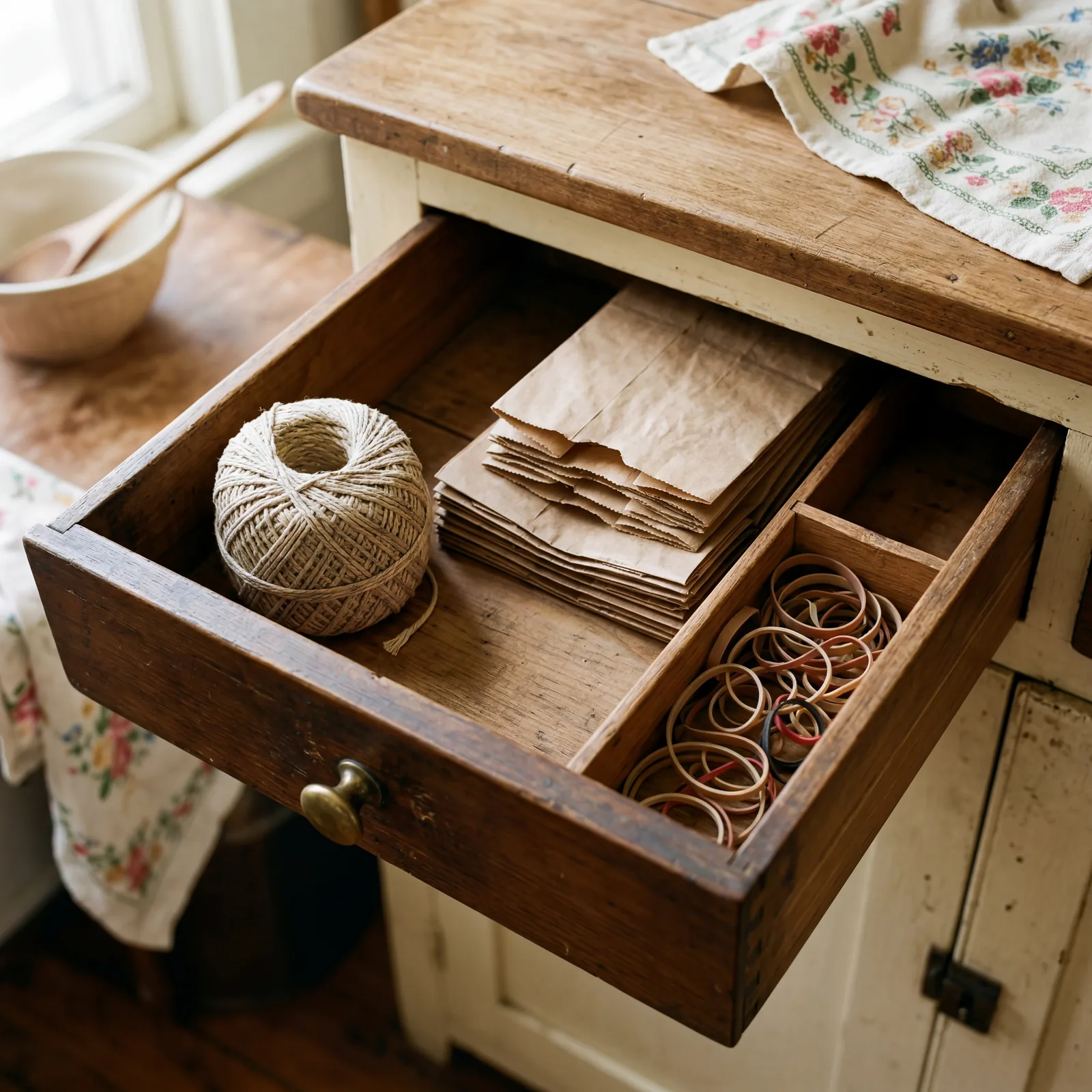 1930s kitchen drawer pulled open, a ball of saved string, folded paper bags, and a collection of rubber bands organized 