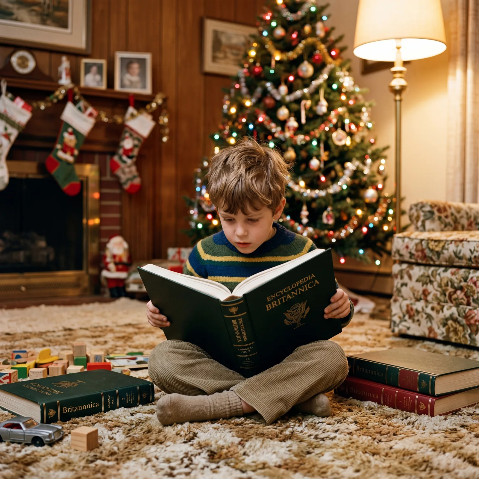 1960s child sitting on living room floor with a volume of Encyclopedia Britannica open, Christmas tree in background, la
