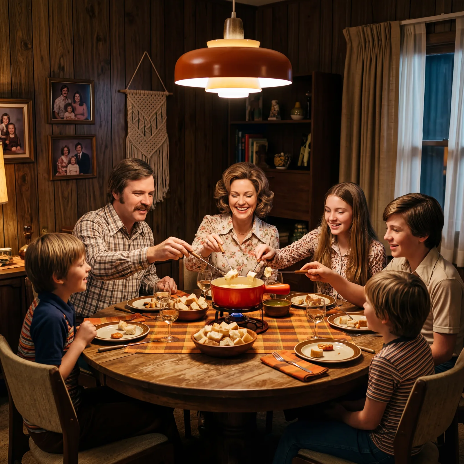 1970s family gathered around a dining table with a red fondue pot in the center, long fondue forks with bread cubes, war