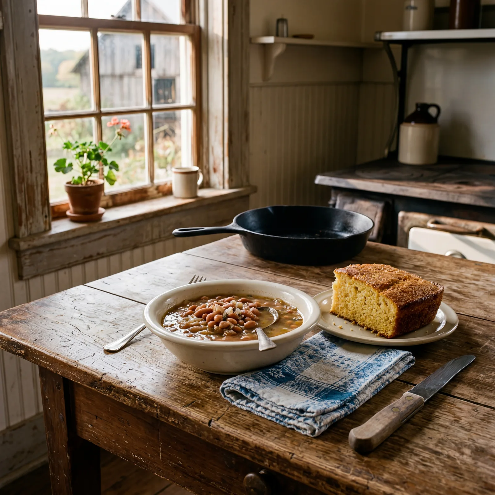 A simple plate of pinto beans beside a thick piece of golden cornbread on a worn Depression-era kitchen table, late afte