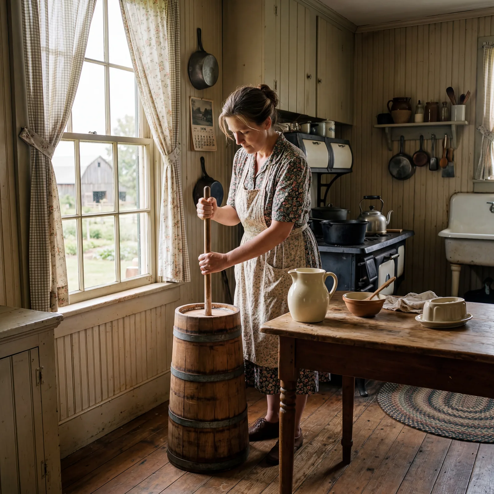 1930s farmhouse kitchen, a woman churning butter in a tall wooden churn, a pitcher of cream nearby, morning light throug