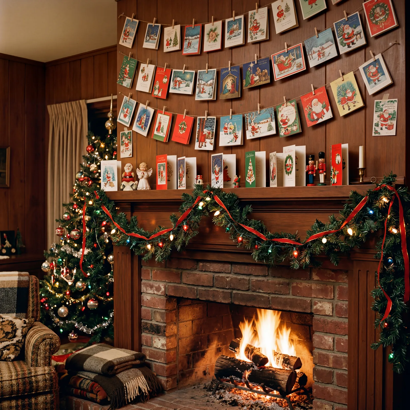 1960s fireplace mantle covered in Christmas cards taped or strung up, some cards standing open, garland around the frame