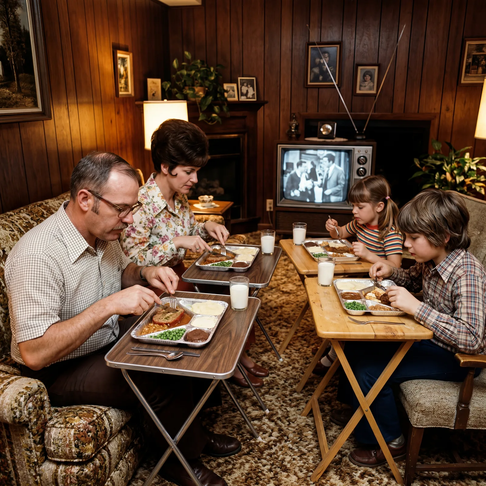 1970s family in living room each eating from a Swanson TV dinner aluminum tray on individual TV trays, television glow i