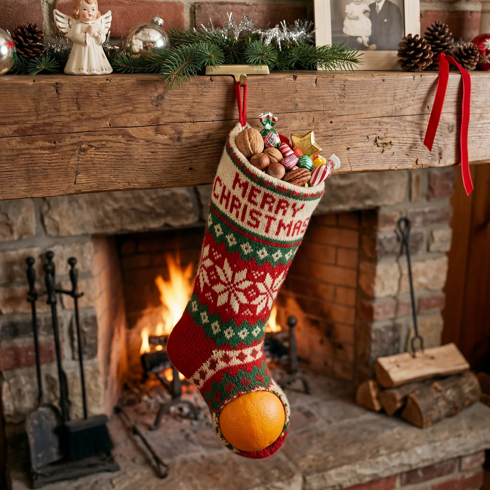 1960s Christmas stocking hanging by the fireplace, the toe bulging with an orange, nuts visible at the top, small wrappe