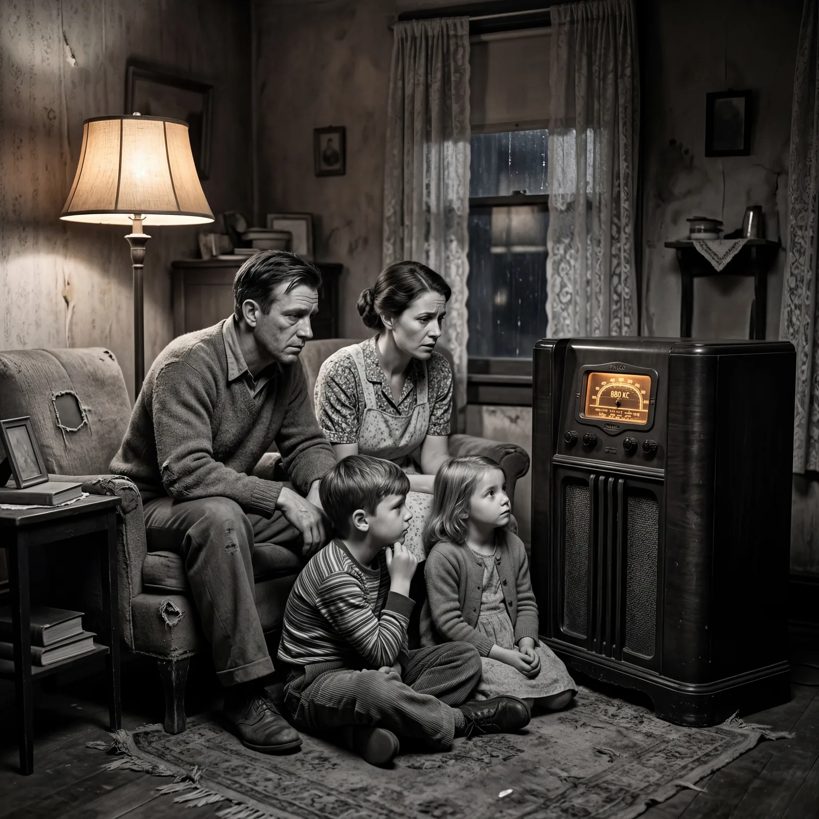 Depression-era American living room, a family of four gathered around a large wooden console radio, serious attentive ex