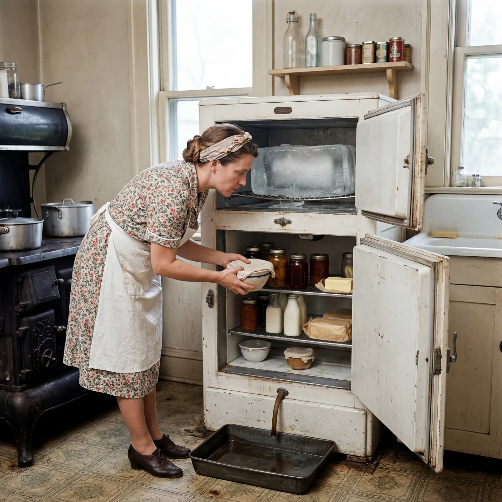 1930s kitchen, a white wooden icebox with a drip pan underneath, the top compartment open showing a block of ice, a woma