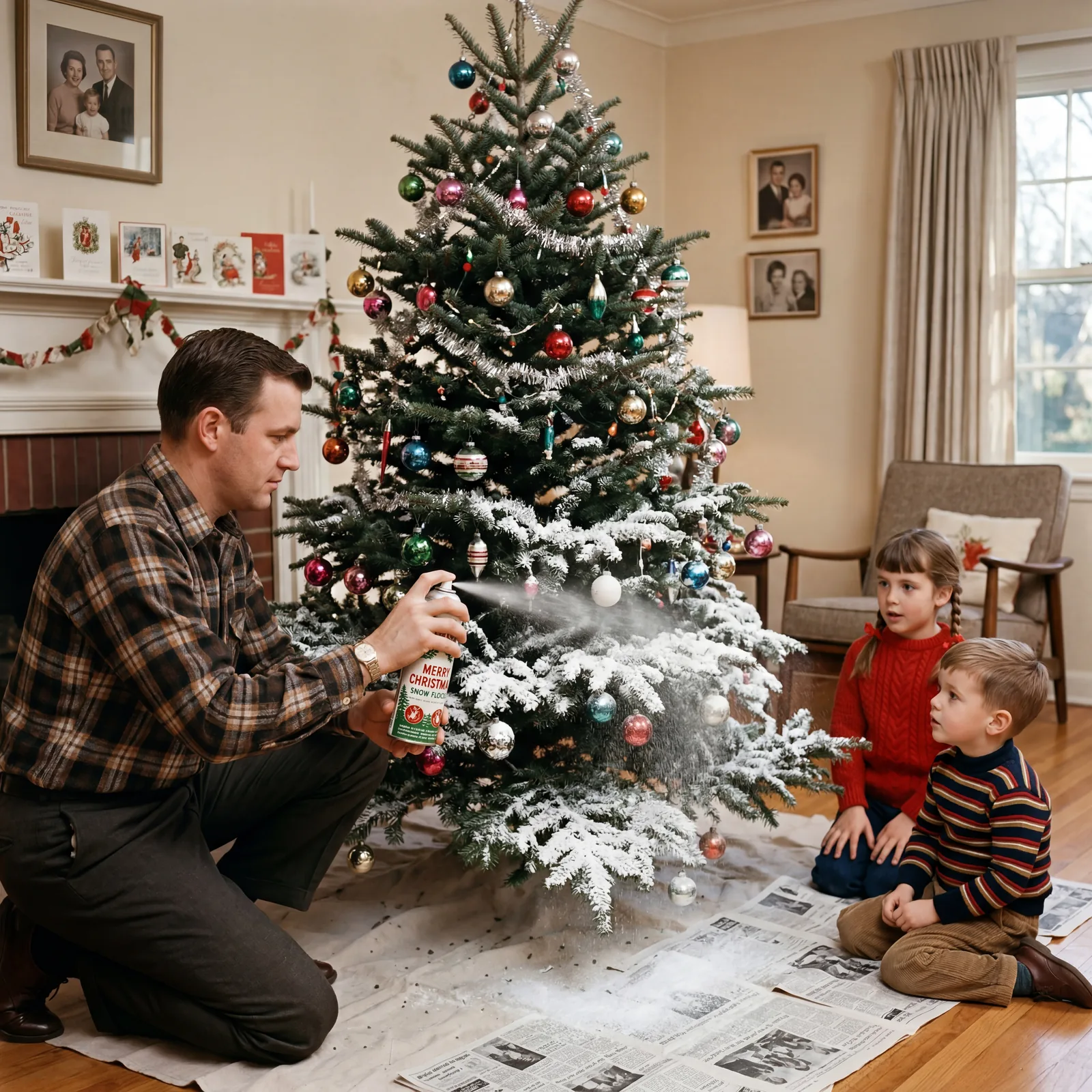 1960s man spraying artificial snow flocking onto a Christmas tree in a living room, white spray coating the branches, ch