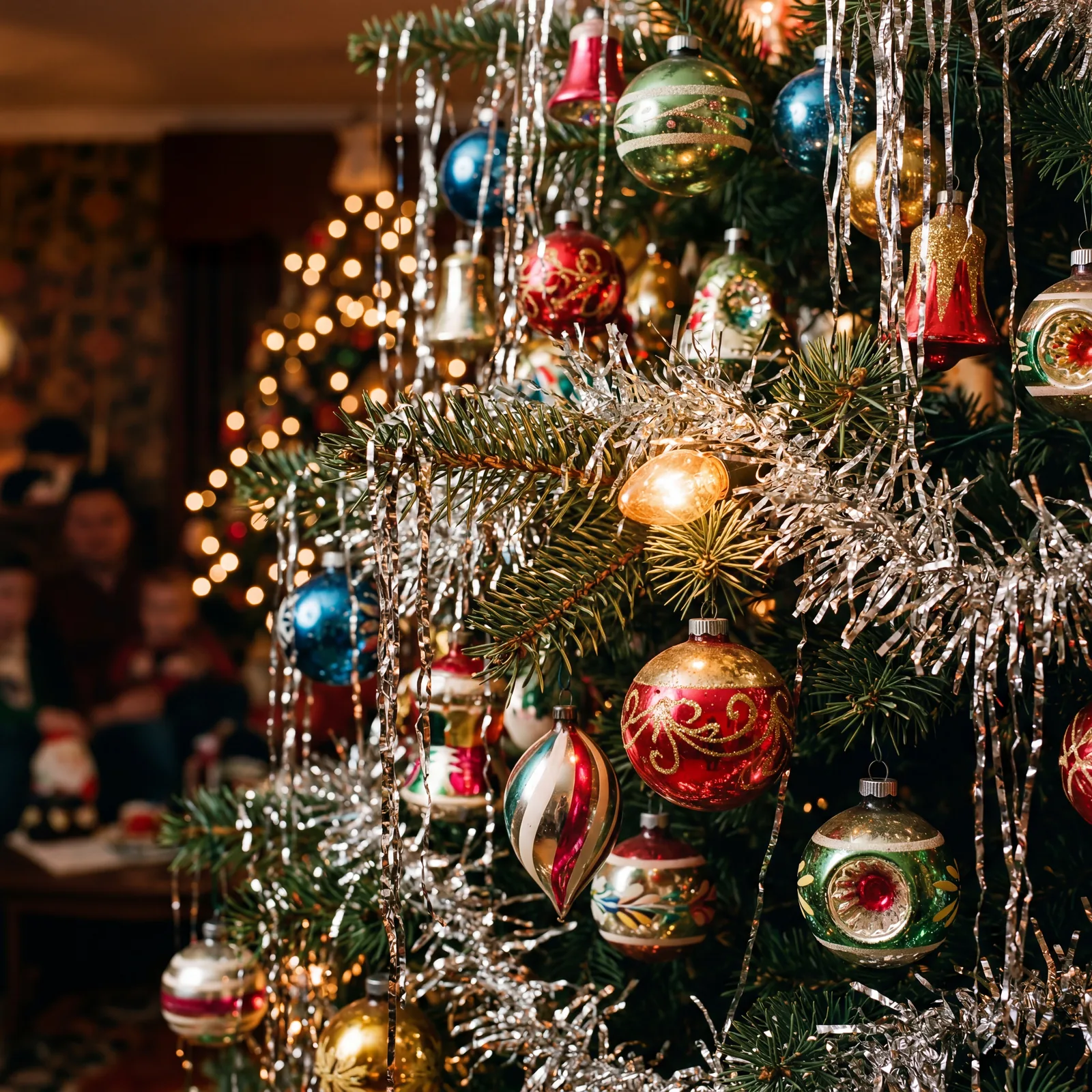 Close-up of a 1960s Christmas tree with thick lead tinsel applied strand by strand, vintage glass ornaments, warm light 