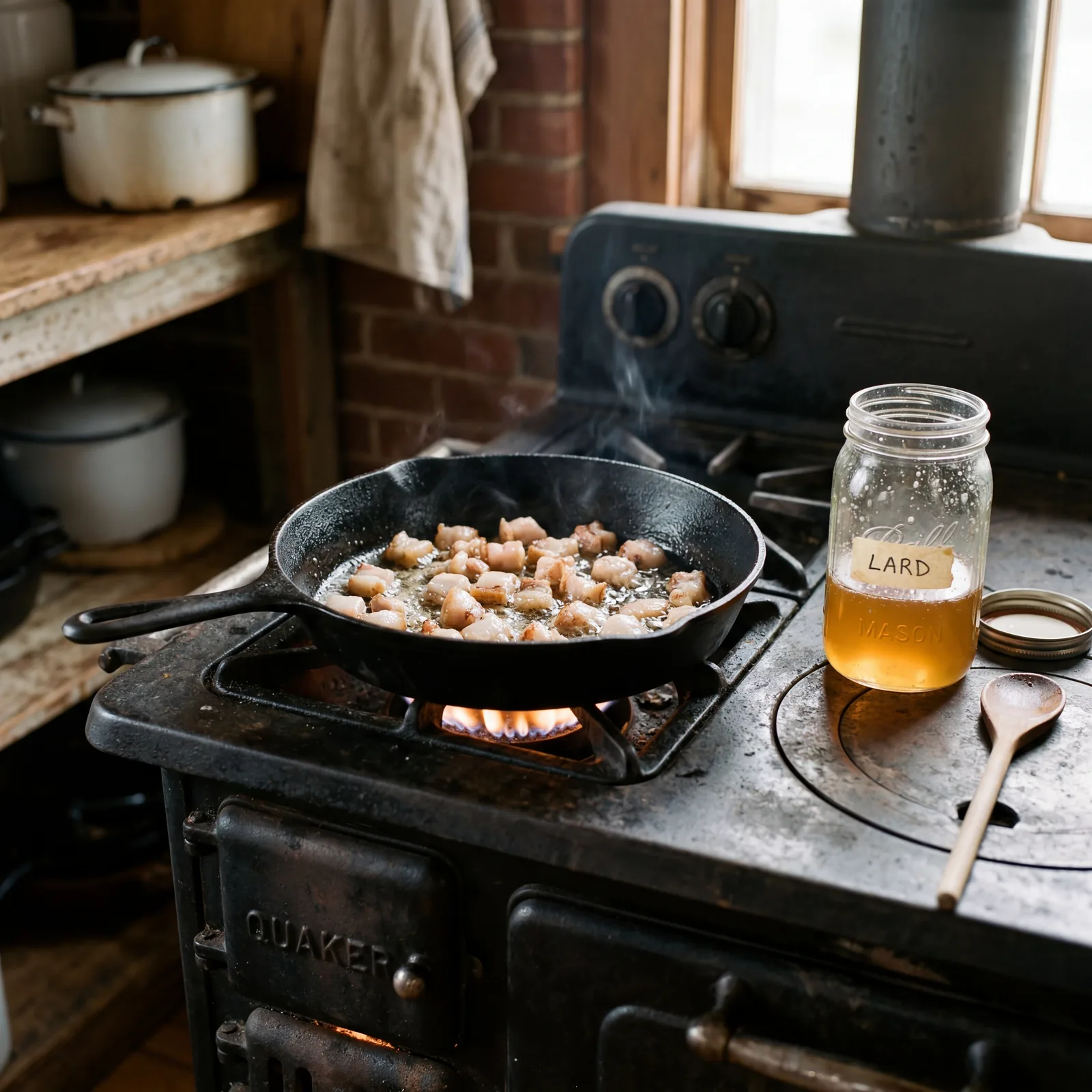 1930s kitchen stove, a cast-iron pan with pieces of animal fat slowly rendering into clear lard, a glass jar nearby for 