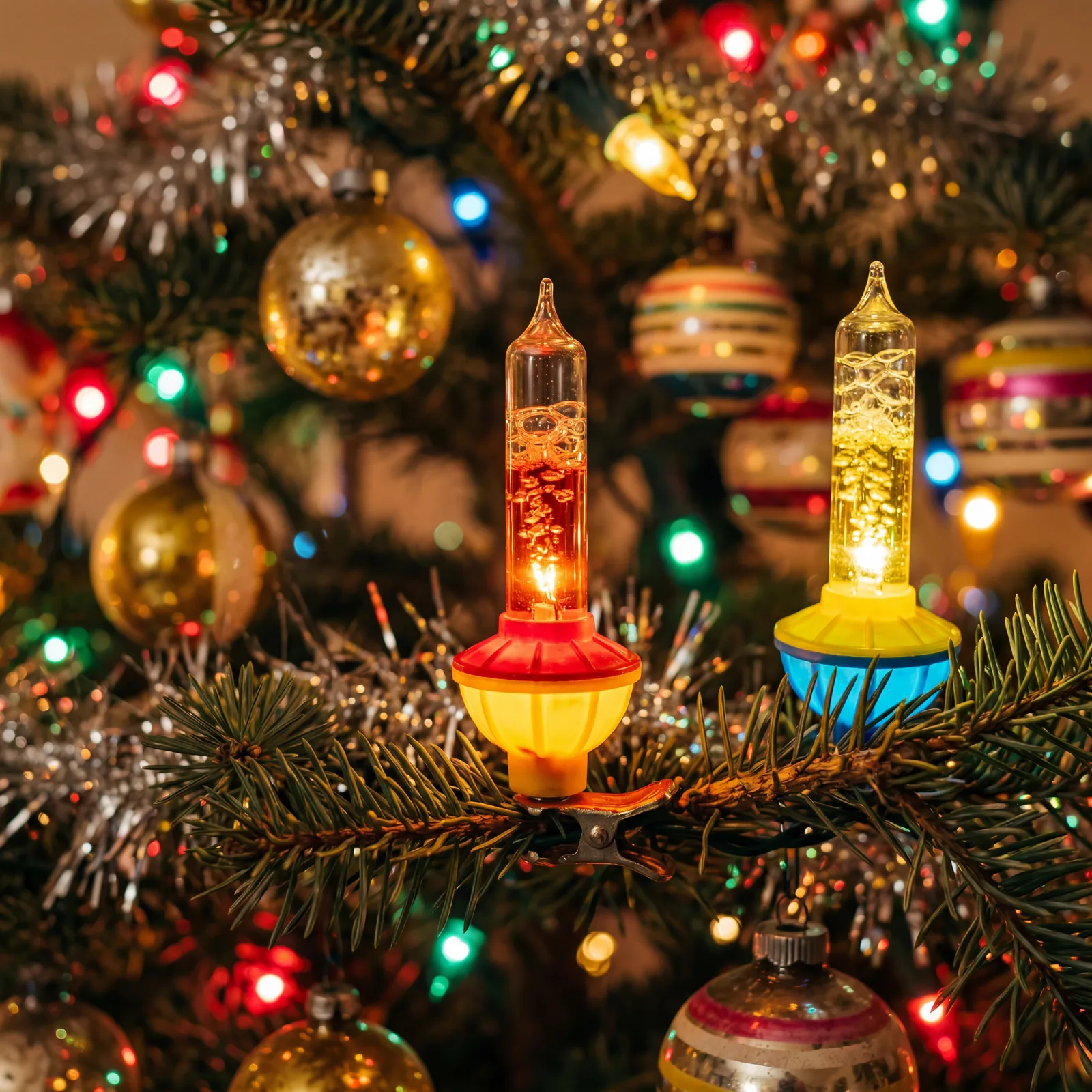 Close-up of vintage bubble lights on a 1950s-60s Christmas tree, colorful liquid bubbling inside glass tubes, warm glow,