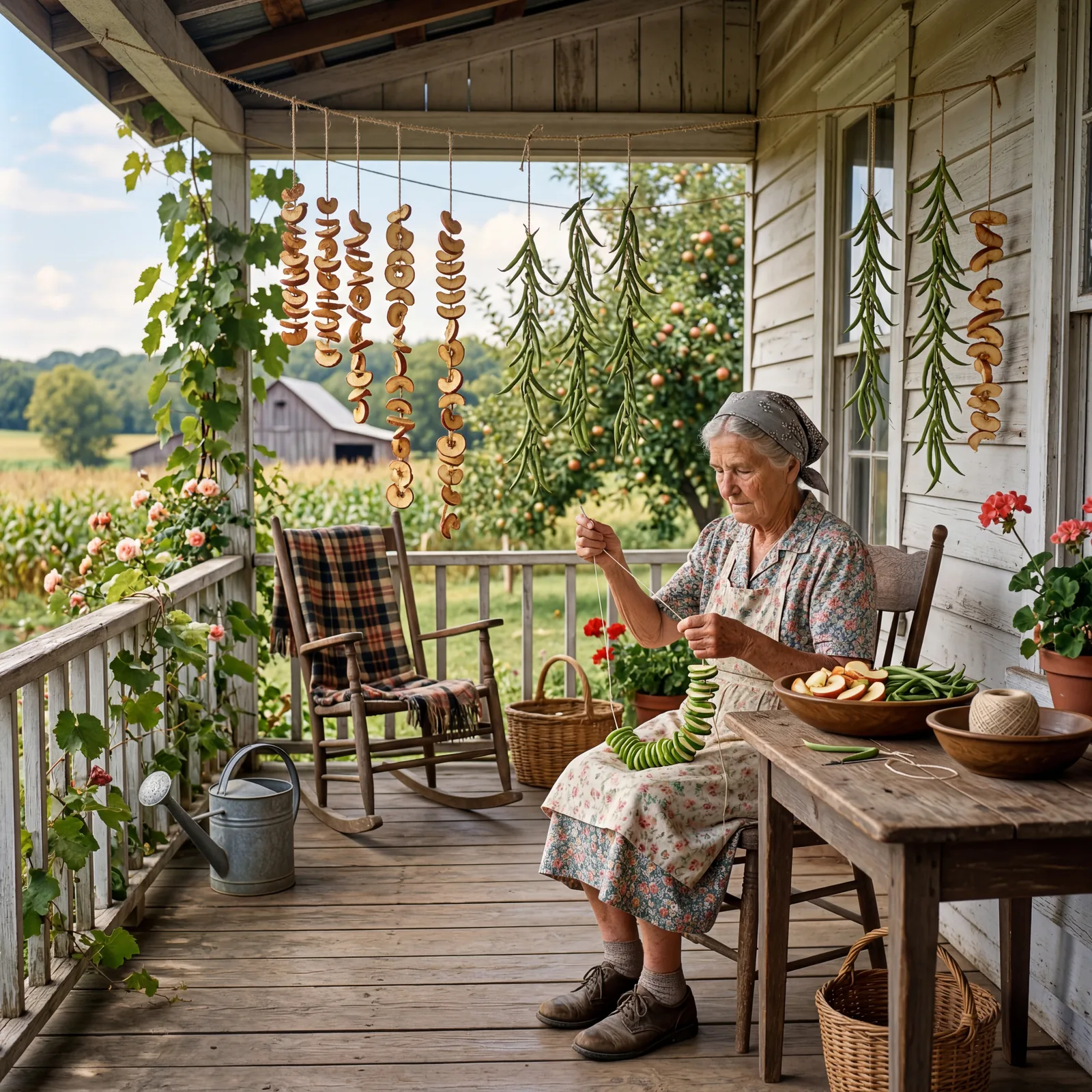 1930s farmhouse porch in late summer, sliced apples and green beans strung on thread hanging to dry in the sun, a woman 