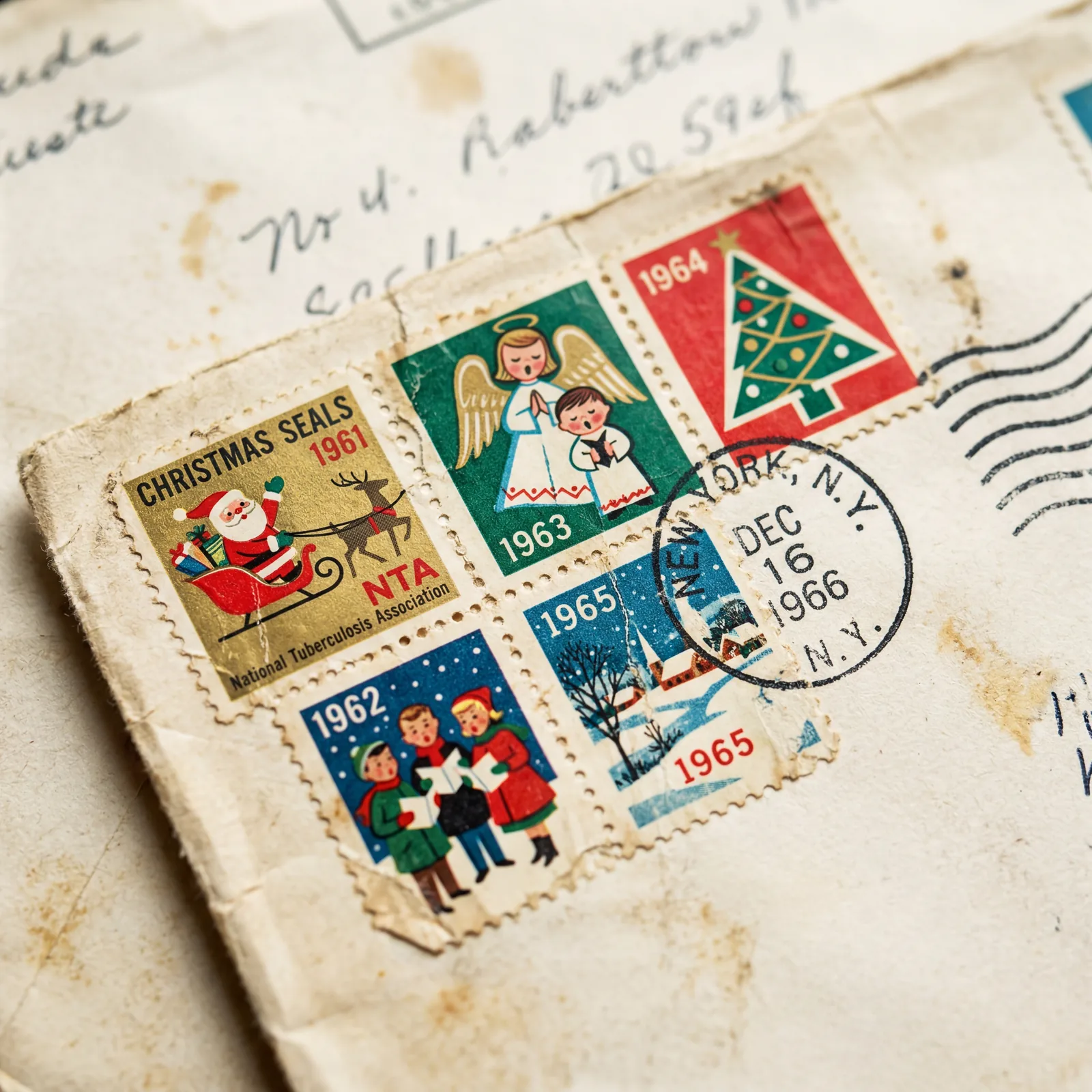 Close-up of vintage 1960s Christmas Seals stickers on a mailed envelope, colorful holiday designs, postmark, worn paper