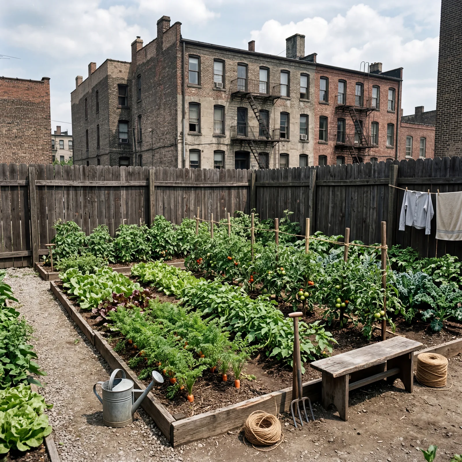 1930s urban backyard, a neat rectangular kitchen garden with rows of vegetables growing against a wooden fence, a city b