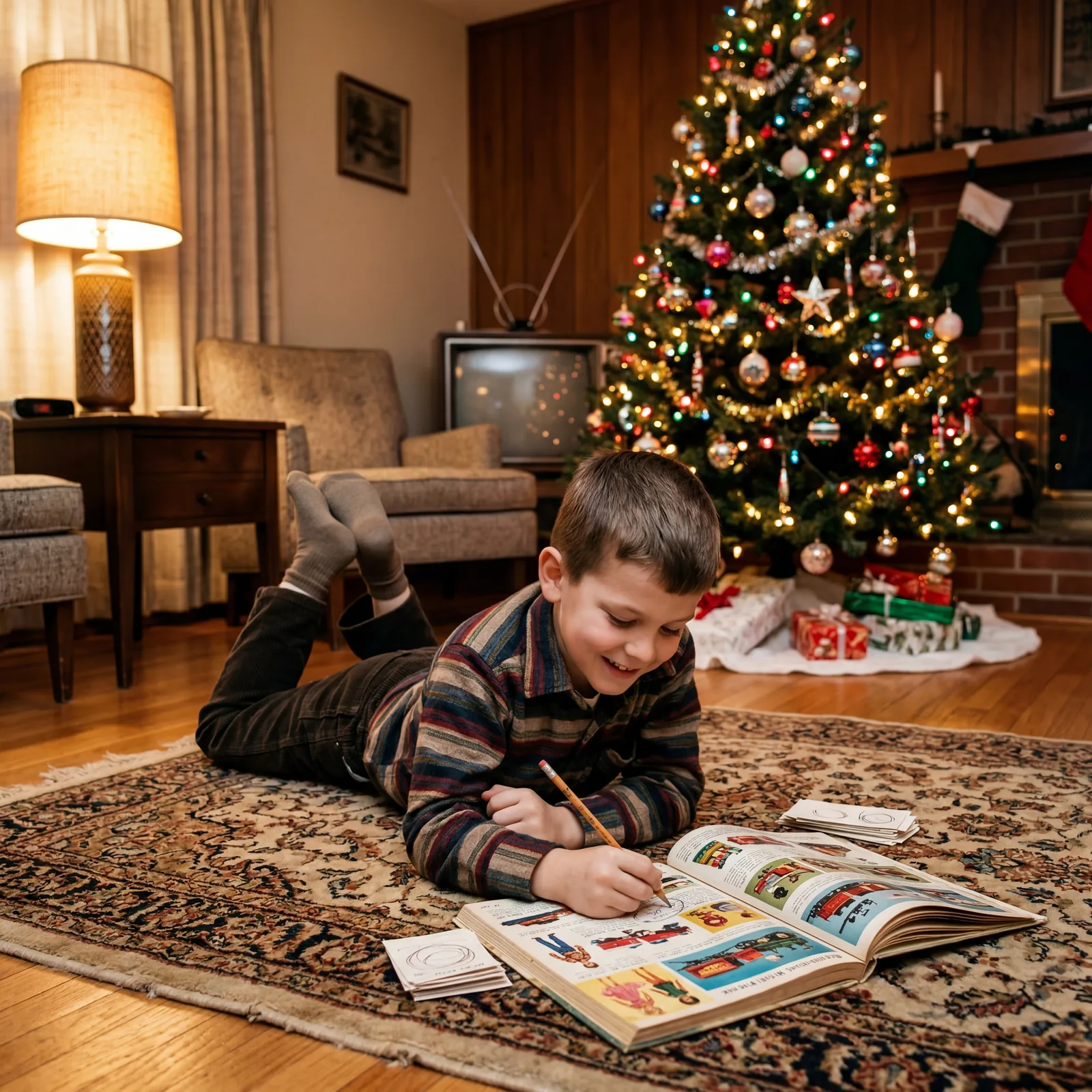 1960s child lying on the living room floor with the Sears Christmas Wish Book catalog open, Christmas tree in background