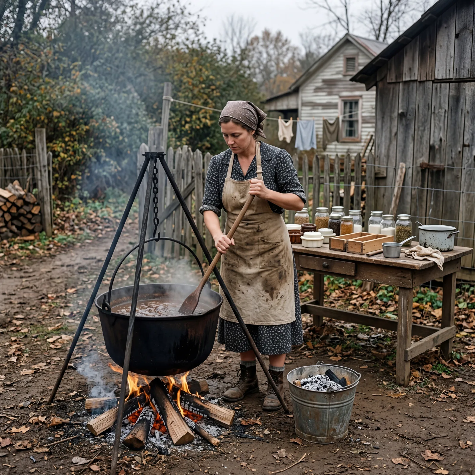 1930s backyard, a woman stirring a large iron kettle over an outdoor fire, a bucket of wood ash nearby, jars and molds o