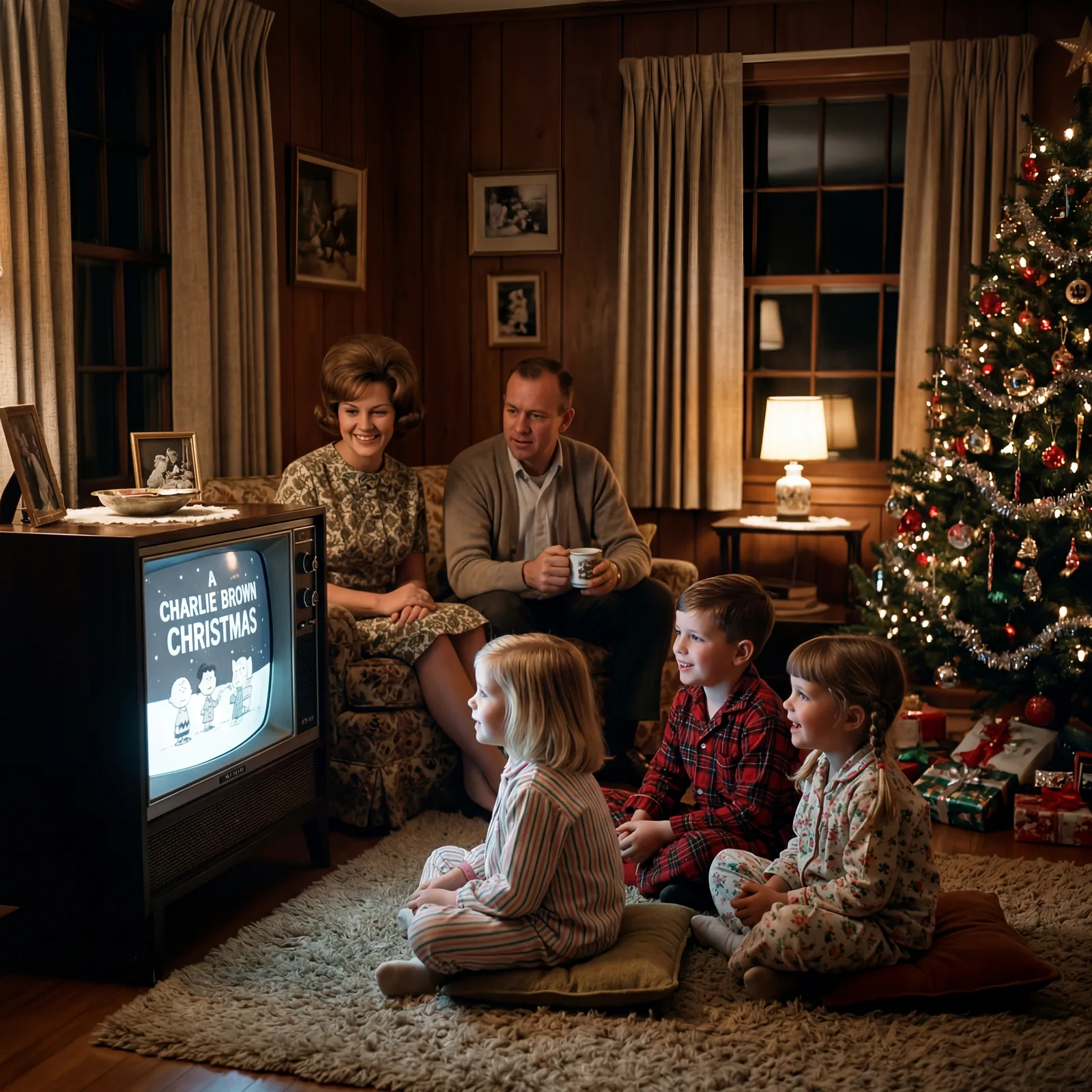 1960s family sitting in front of a television set waiting for a Christmas special, darkened living room, TV glow, childr