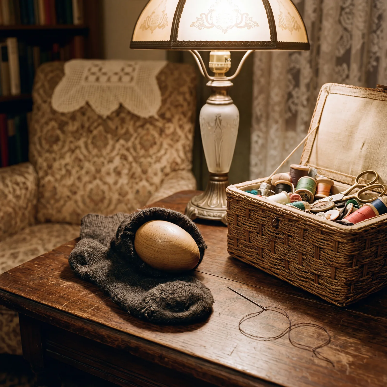 1930s living room table, a smooth wooden darning egg resting inside a worn wool sock beside a needle and thread, a sewin
