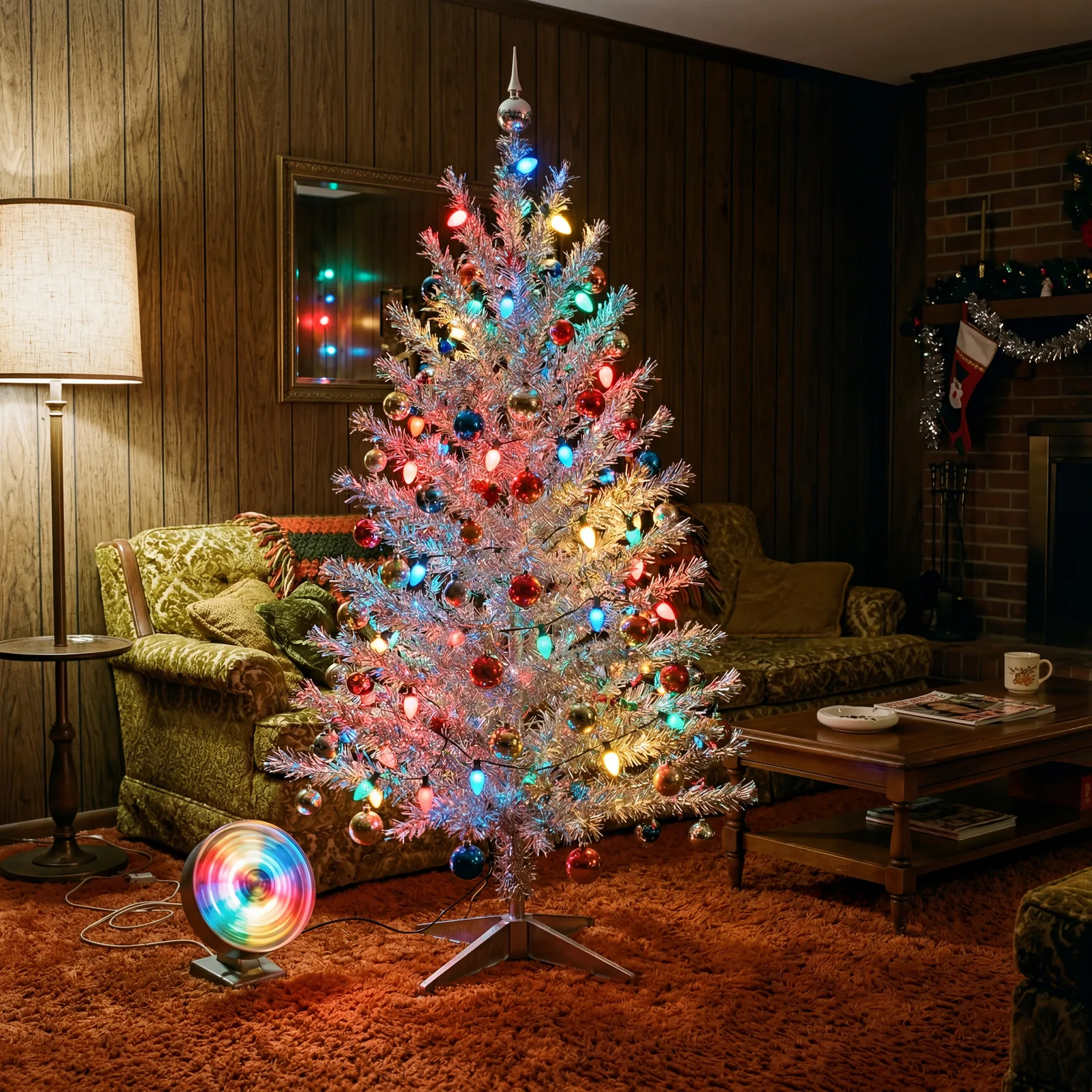 1960s American living room with a silver aluminum Christmas tree illuminated by a rotating color wheel spotlight, red, b