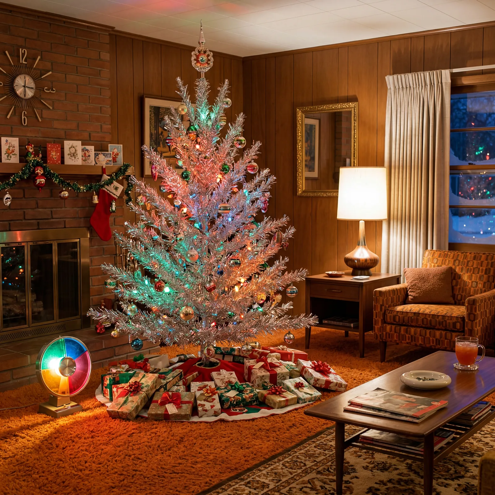 1960s American living room with a full silver aluminum Christmas tree, color wheel spotlight casting colored light acros
