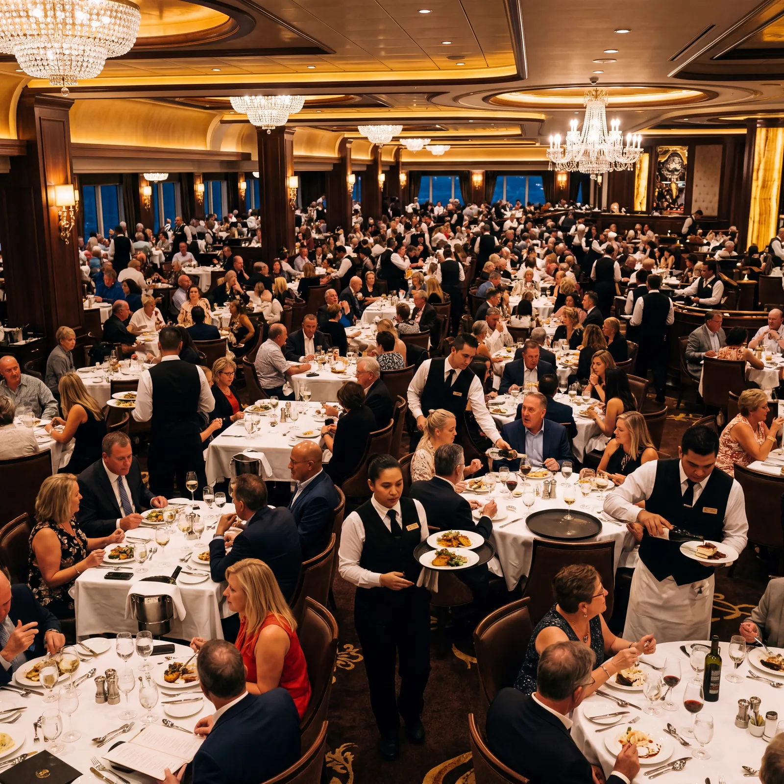 Busy cruise ship main dining room at peak dinner service, hundreds of passengers being served by waitstaff, warm golden lighting, editorial travel photography, photorealistic, no text, no watermark, 16:9