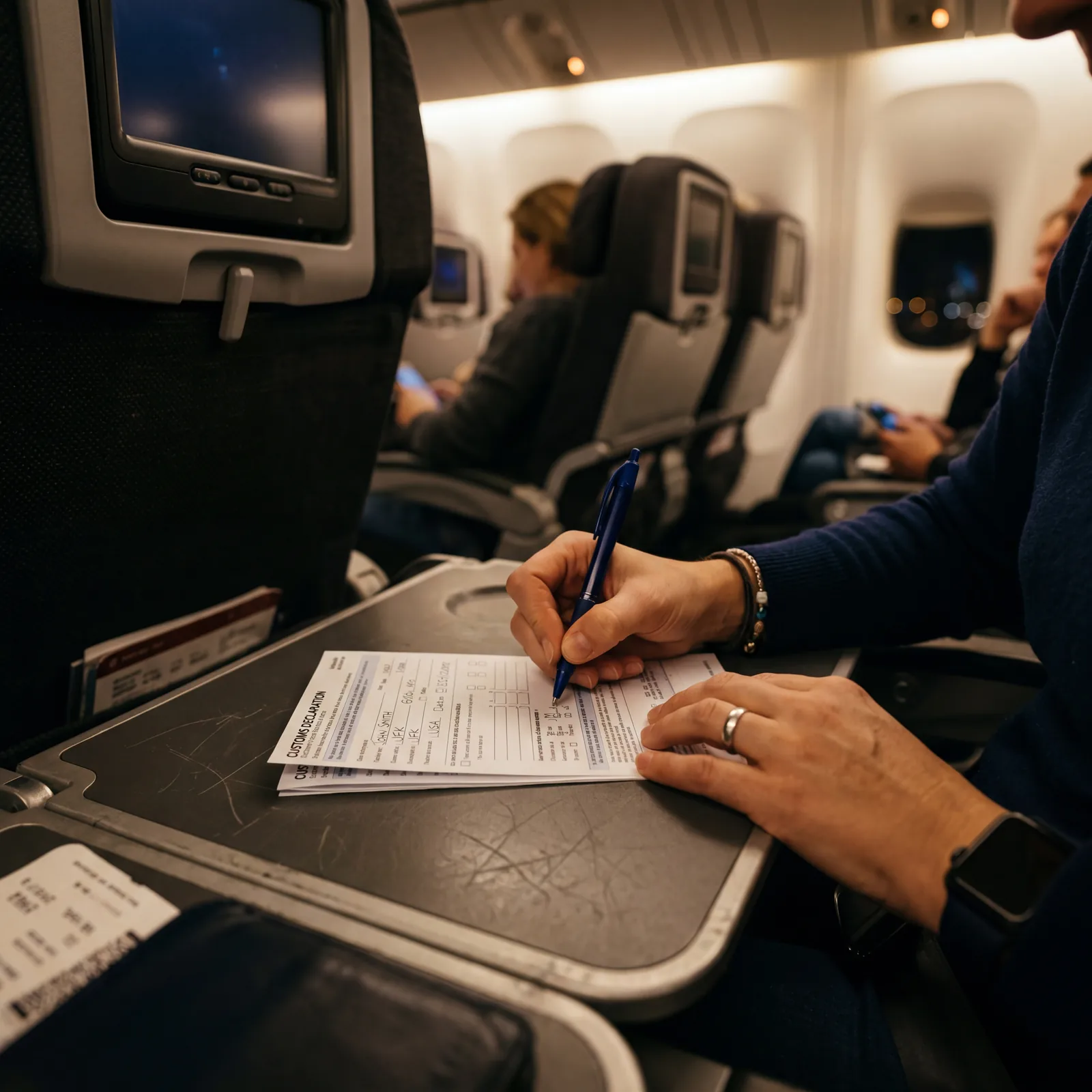 Close-up of a hand filling out a paper customs declaration form on an airplane tray table, dim cabin lighting, photorealistic, warm editorial travel photography, no text, no watermark, 16:9