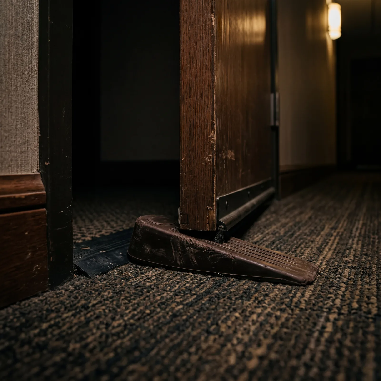 Close-up of a rubber door wedge propped under a hotel room door at night, dim lighting, cinematic, photorealistic, no text, no watermark, 16:9