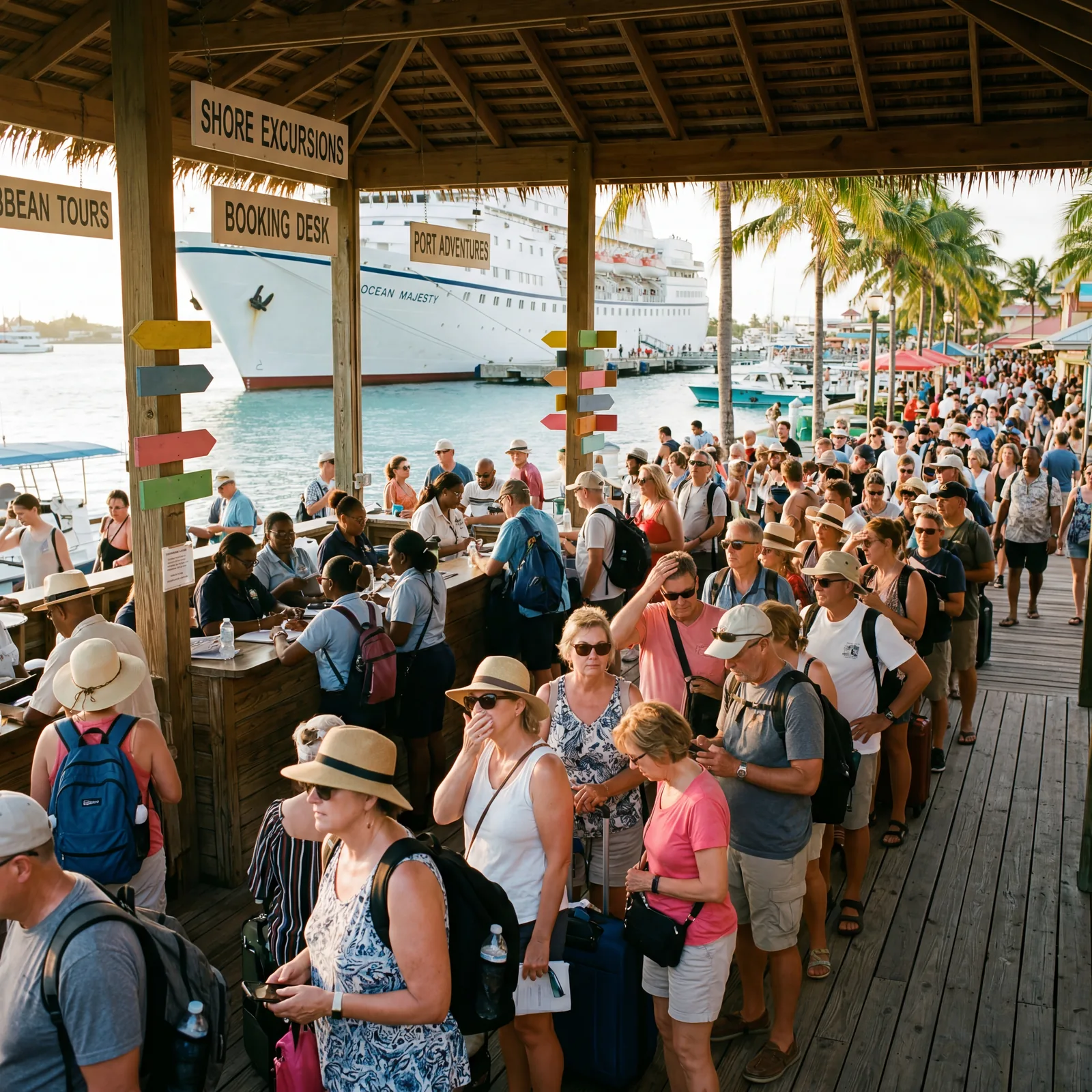 Cruise ship excursion booking desk crowded with tourists in a hot Caribbean port, long queue, frustrated travelers, warm editorial travel photography, golden hour, photorealistic, no text, no watermark, 16:9