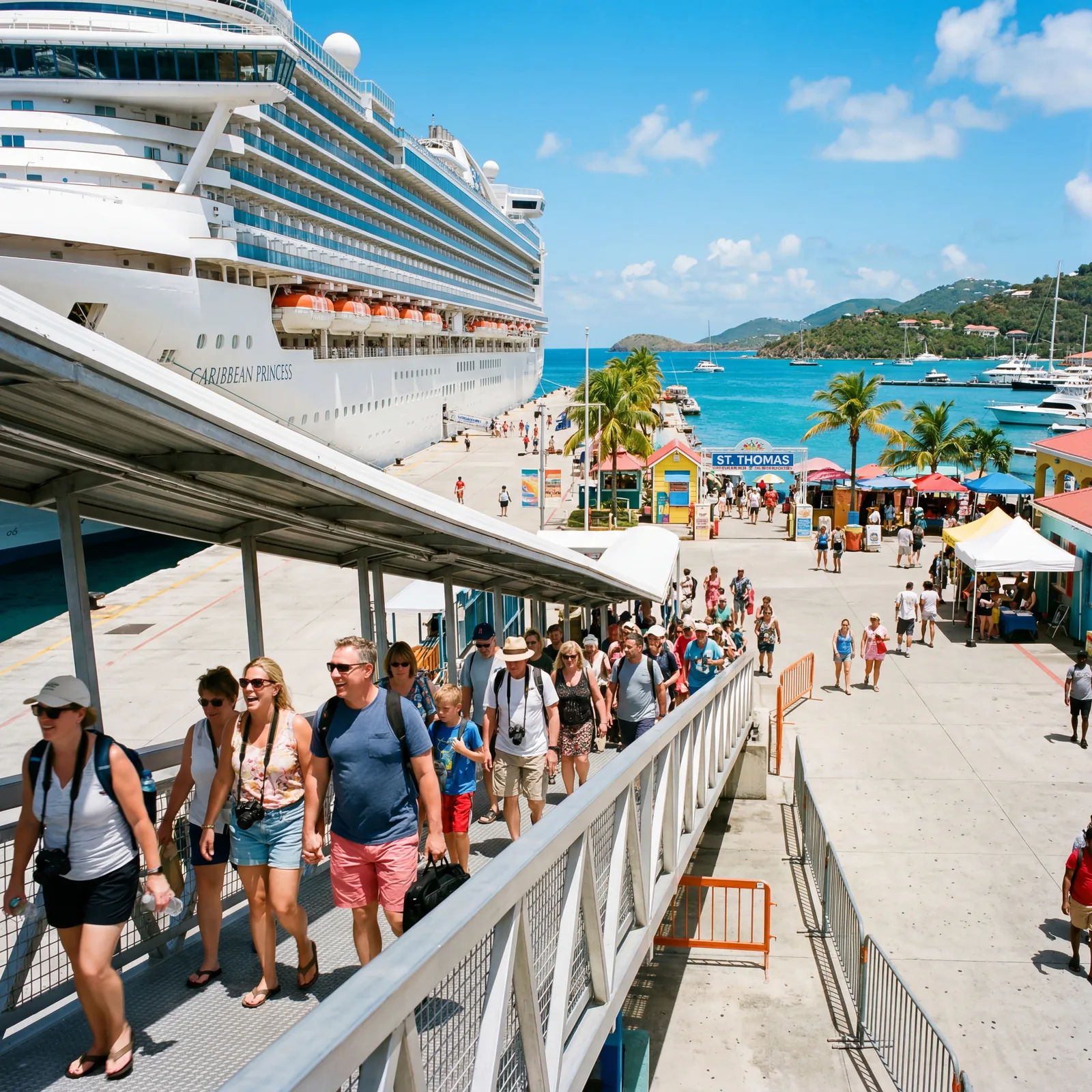 Cruise ship passengers walking down a gangway into a bright Caribbean port in intense summer heat, tropical, photorealistic, editorial travel photography, no text, no watermark, 16:9