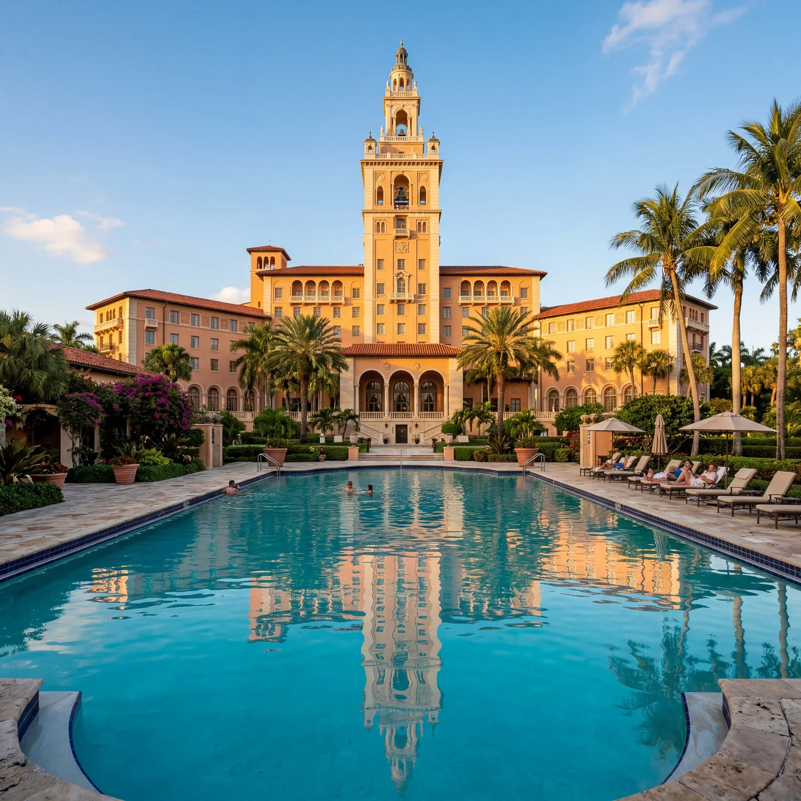 Grand Mediterranean Revival hotel exterior in Coral Gables Florida, towering central tower reflected in a turquoise pool, sunny afternoon, warm editorial travel photography, golden hour, photorealistic, no text, no watermark, 16:9