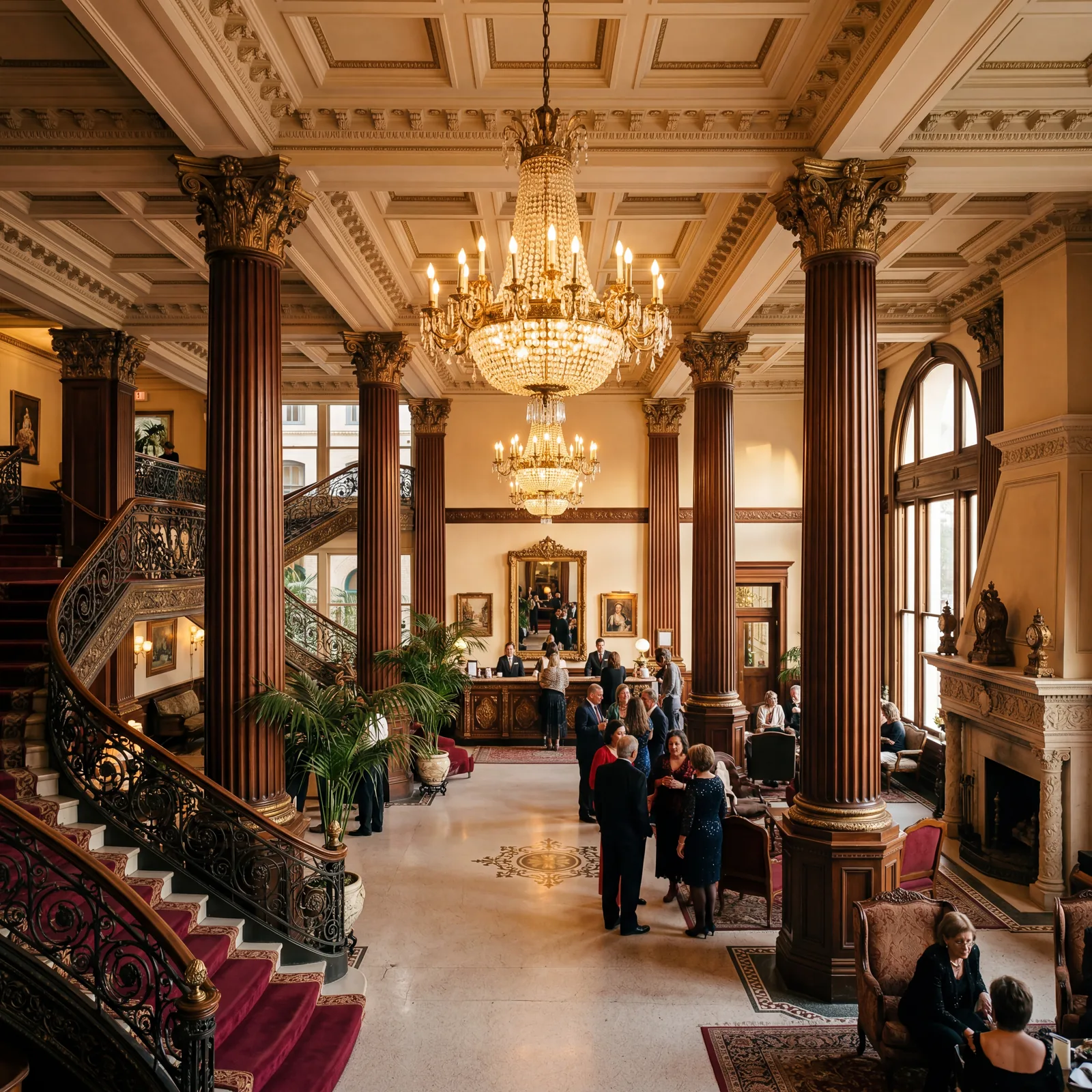 Grand Victorian-era hotel lobby in San Antonio Texas with ornate columns and chandeliers, warm editorial travel photography, golden hour, photorealistic, no text, no watermark, 16:9