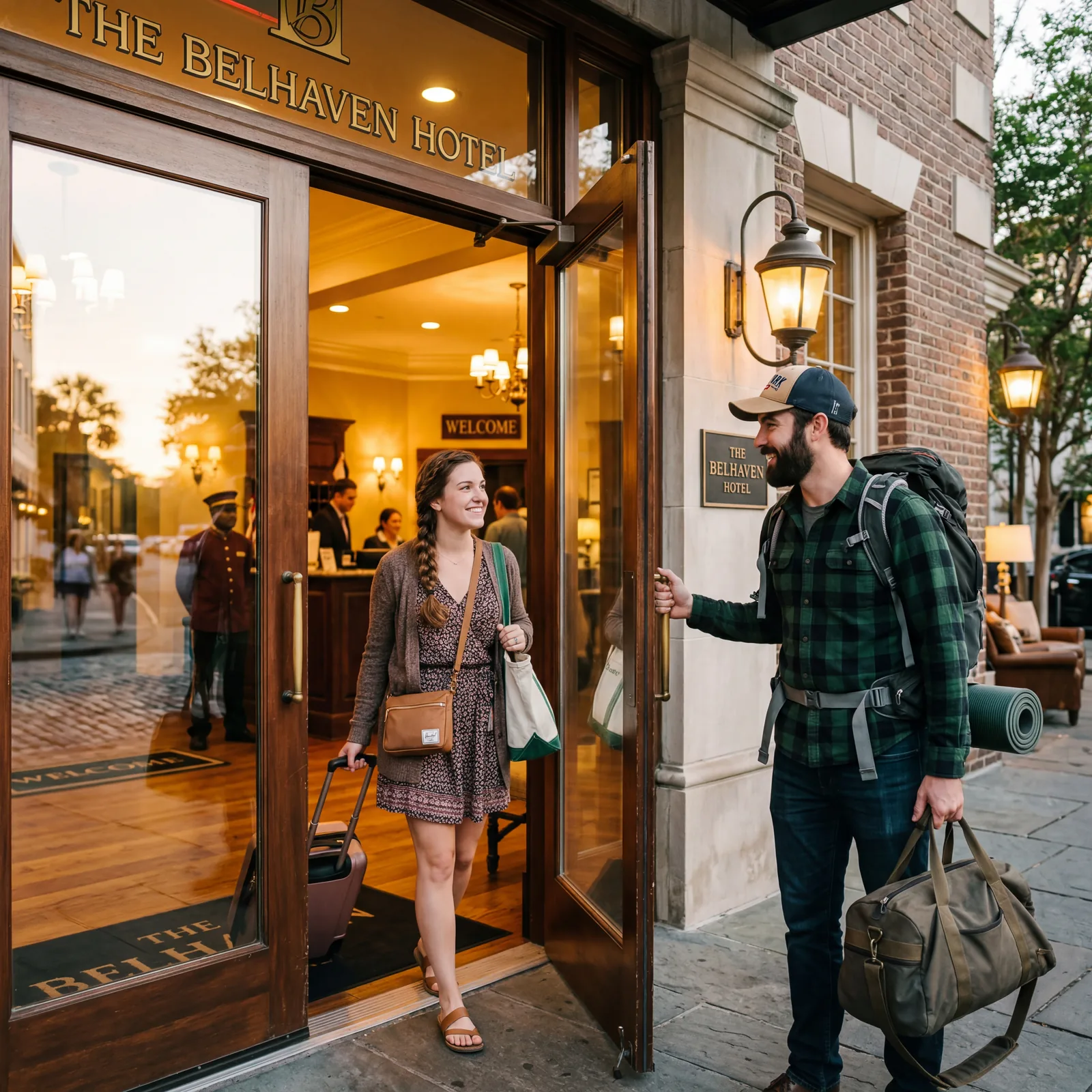 Hotel entrance glass door, American traveler holding door open for another guest, warm lobby lighting, candid moment, warm editorial travel photography, golden hour, photorealistic, no text, no watermark, 16:9