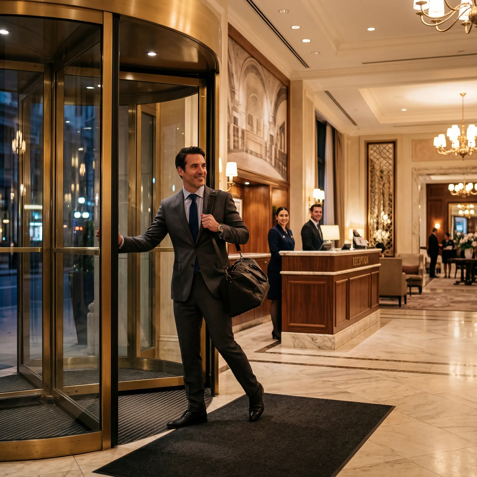 Hotel lobby front desk, elegant interior, confident guest walking through glass revolving door, cinematic lighting, warm editorial photography, photorealistic, no text, no watermark, 16:9