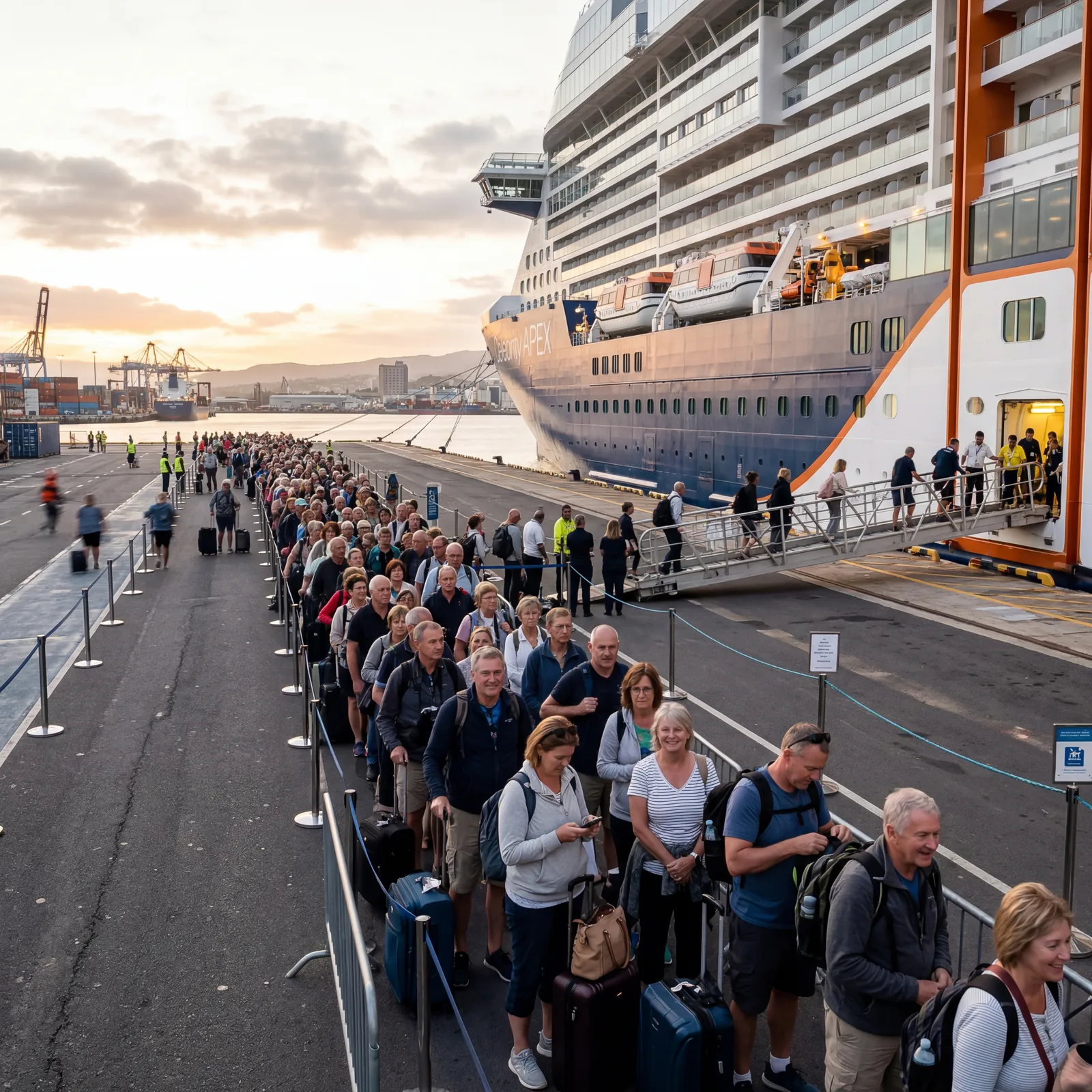 Long line of tourists waiting at a cruise ship gangway at port, early morning light, documentary travel photography, photorealistic, no text, no watermark, 16:9