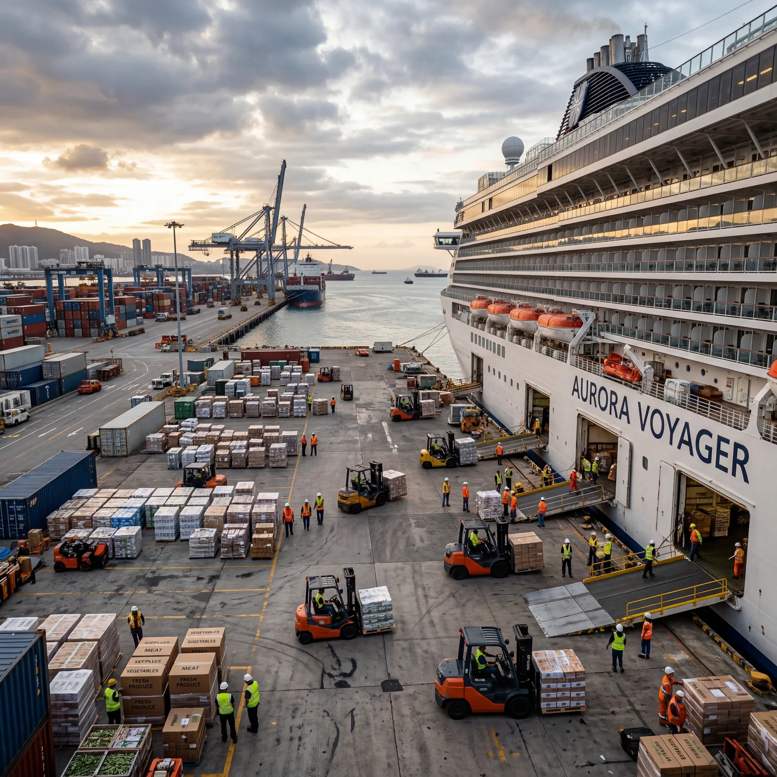 Massive cruise ship cargo loading dock at port, pallets of food and supplies being loaded by forklifts, wide shot, cinematic lighting, photorealistic, no text, no watermark, 16:9