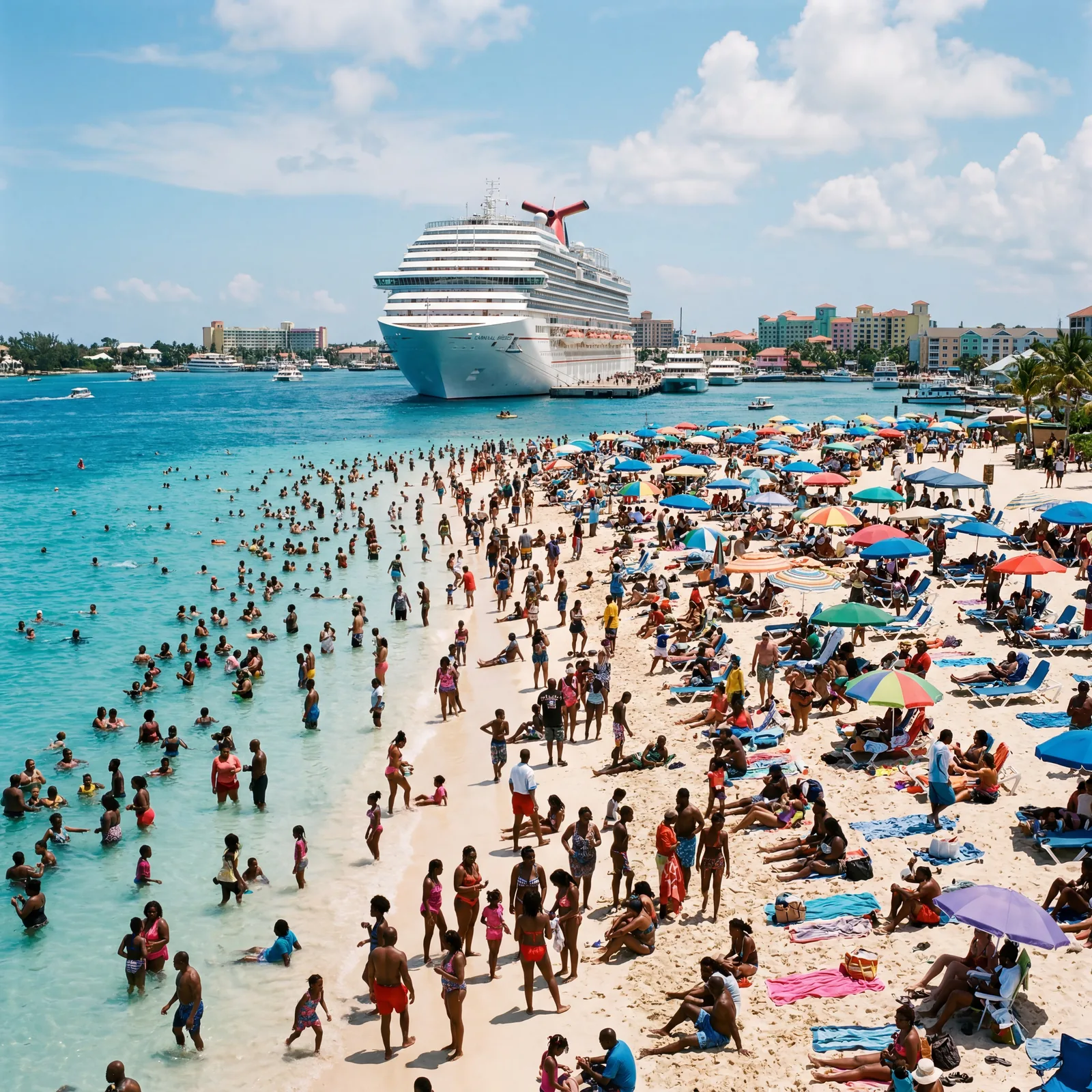 Overcrowded beach in Nassau Bahamas with cruise ship docked in background, harsh midday light, photorealistic, warm editorial travel photography, no text, no watermark, 16:9