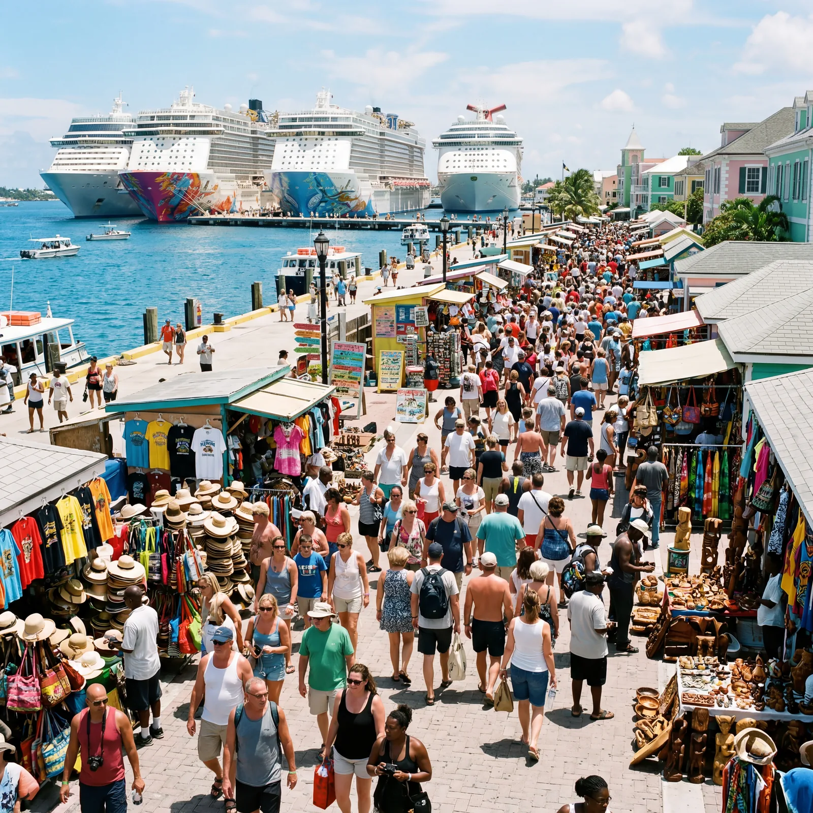 Overcrowded cruise ship dock in Nassau Bahamas with tourist crowds and souvenir stalls, midday harsh sunlight, photorealistic, no text, no watermark, 16:9