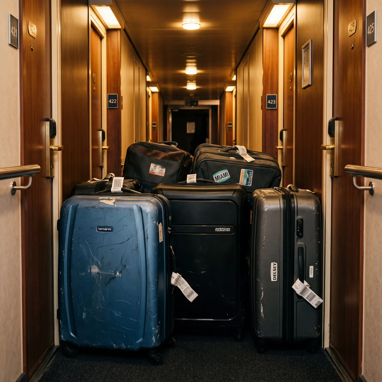 oversized hard-shell suitcases crammed into a tiny cruise ship cabin hallway, realistic travel photography, warm lighting, no text, no watermark, 16:9